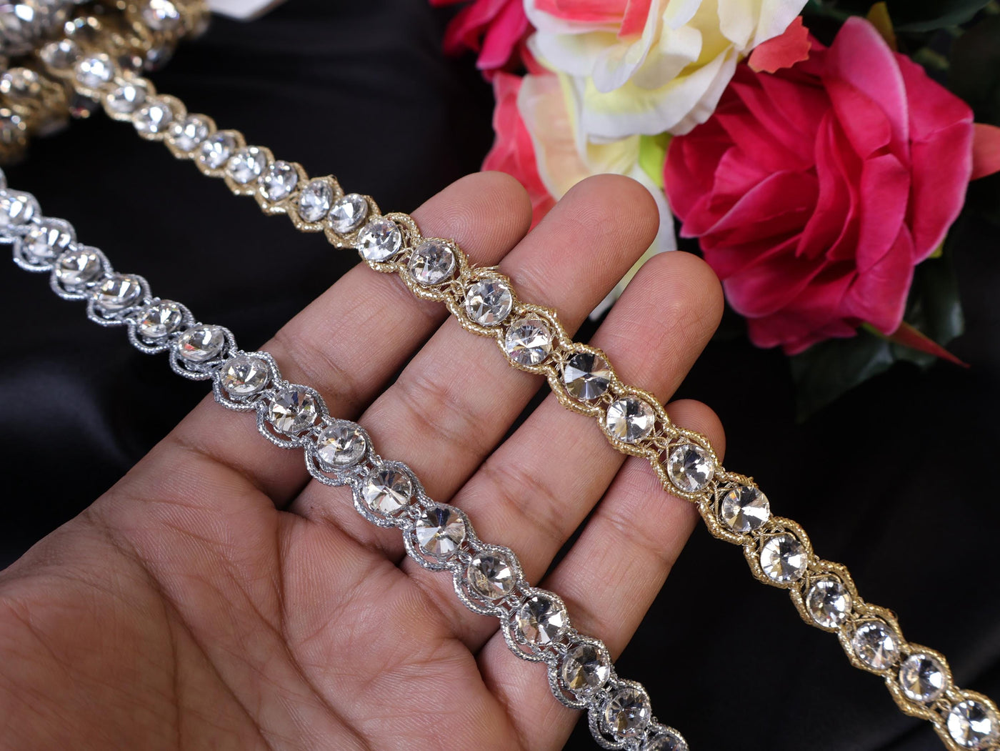 Zircon Crystal Indian Lace Trim: Gold or Silver, 1cm Wide