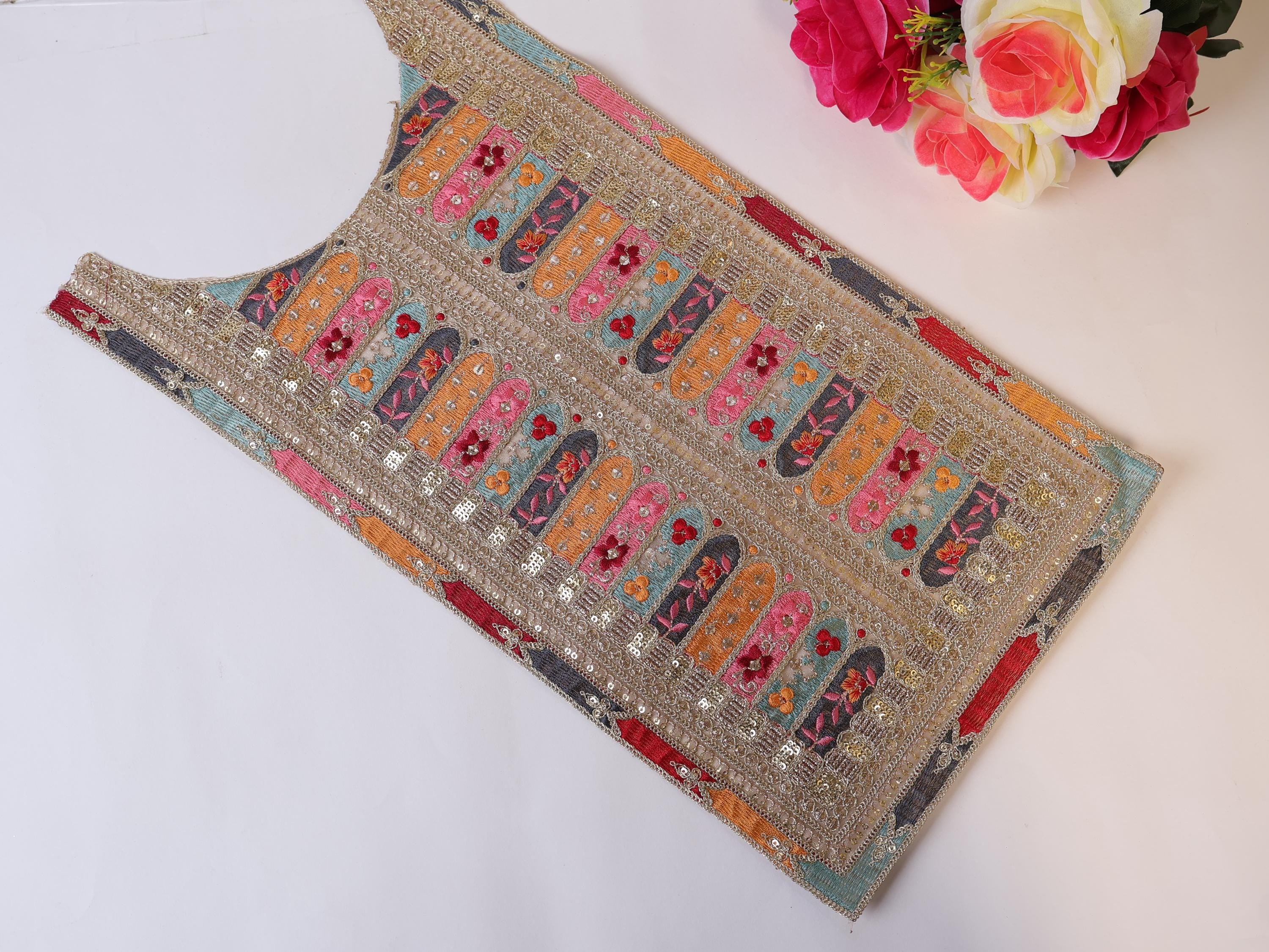 Embroidered Neckline Patch: Colorblock Zari Sequin Indian Applique