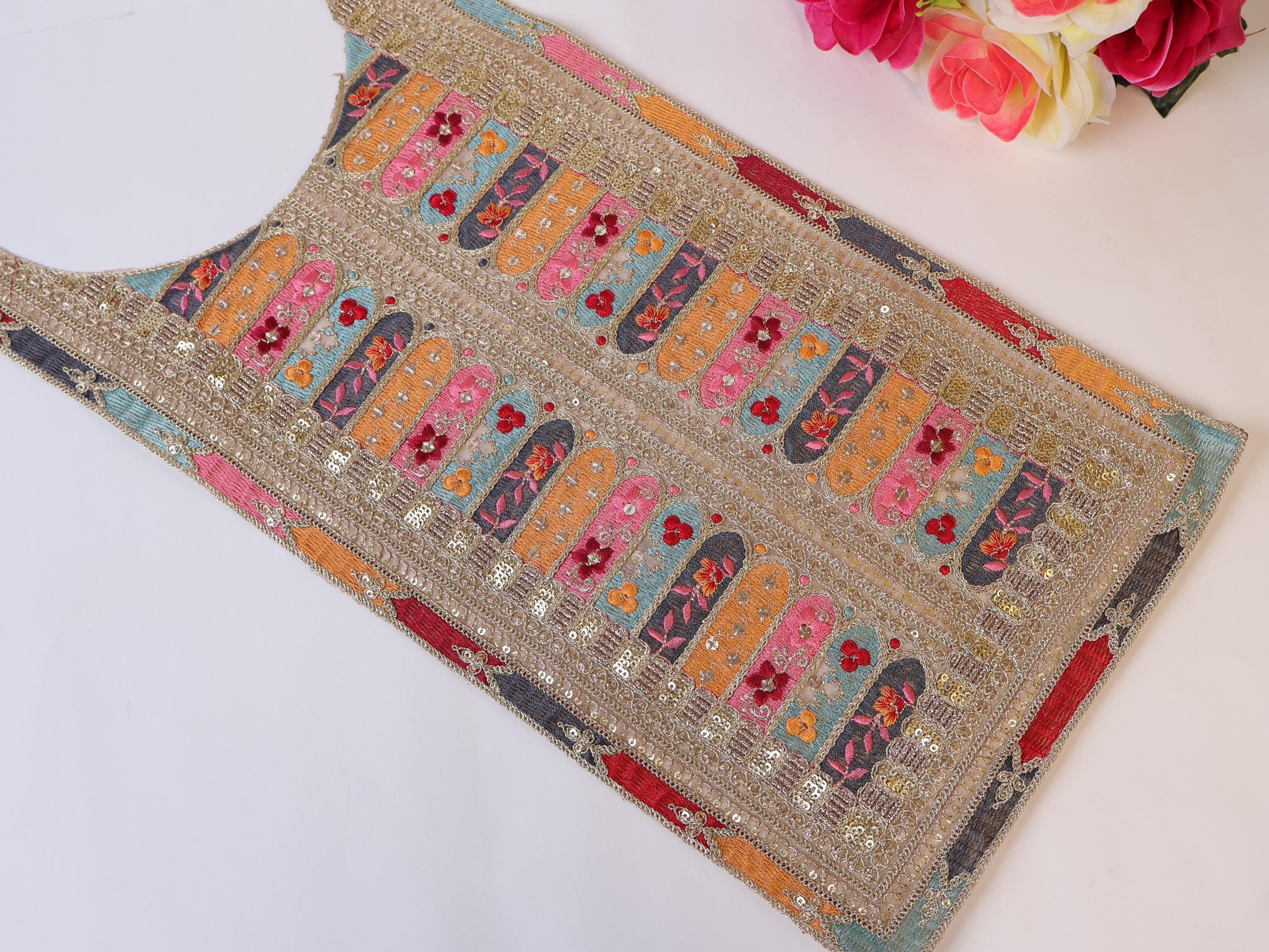 Embroidered Neckline Patch: Colorblock Zari Sequin Indian Applique