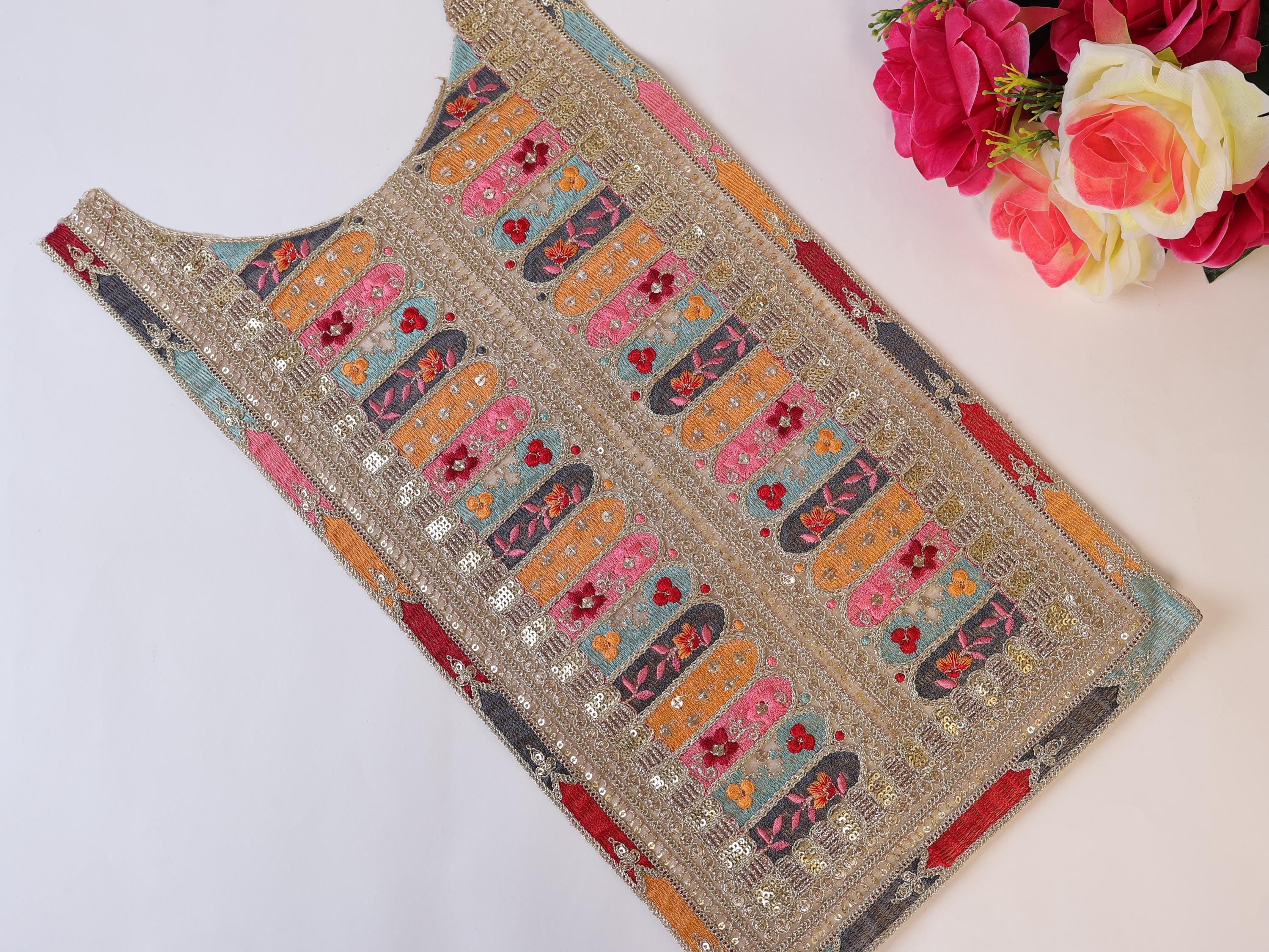 Embroidered Neckline Patch: Colorblock Zari Sequin Indian Applique