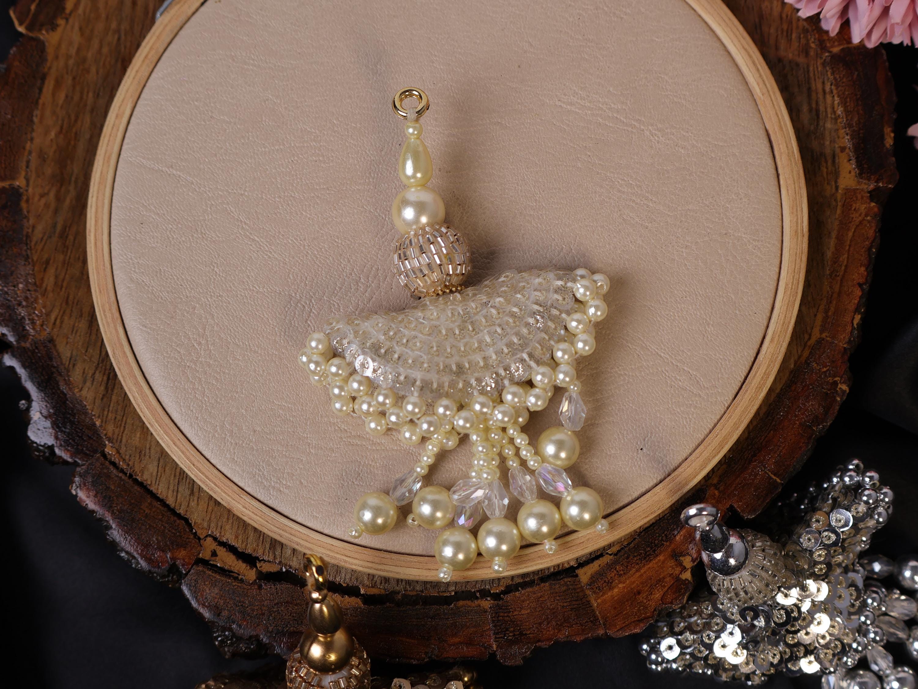 Beaded Pearl & Crystal Tassels: Sequin Lehenga Latkan Tiebacks (Pair)