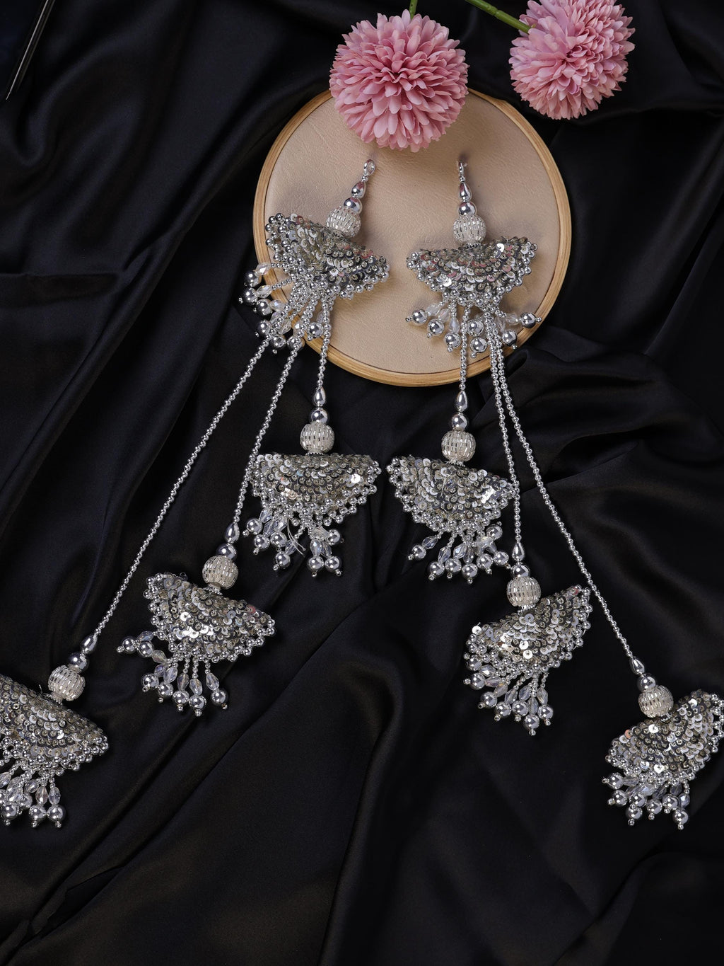 Antique Silver Lehenga Tassels: Beaded Pearl & Crystal Fringe Latkan Pair
