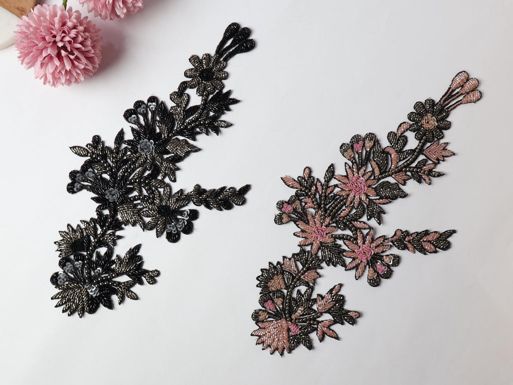Floral Zardozi Applique Patch: Embroidered Sequins, Beads (27cm)