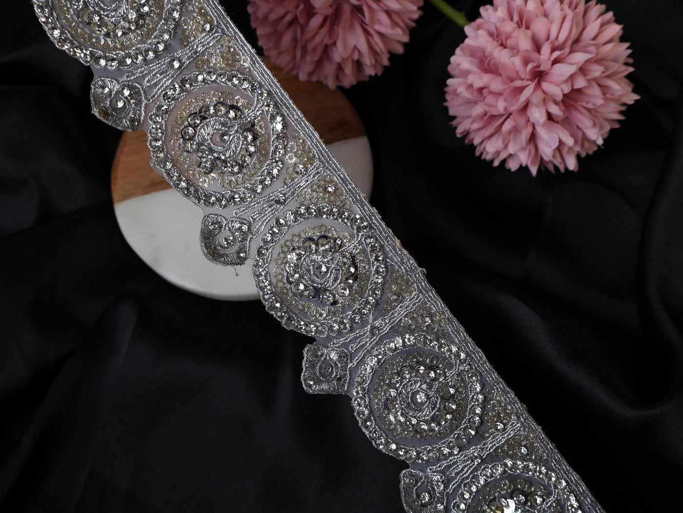 Silver Zircon Sequin Scallop Trim: Indian Zari Sari Border Lace, 5cm