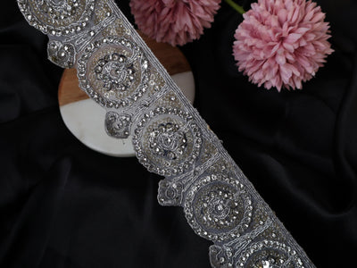 Silver Zircon Sequin Scallop Trim: Indian Zari Sari Border Lace, 5cm