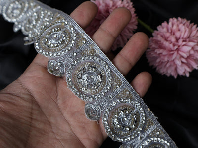 Silver Zircon Sequin Scallop Trim: Indian Zari Sari Border Lace, 5cm