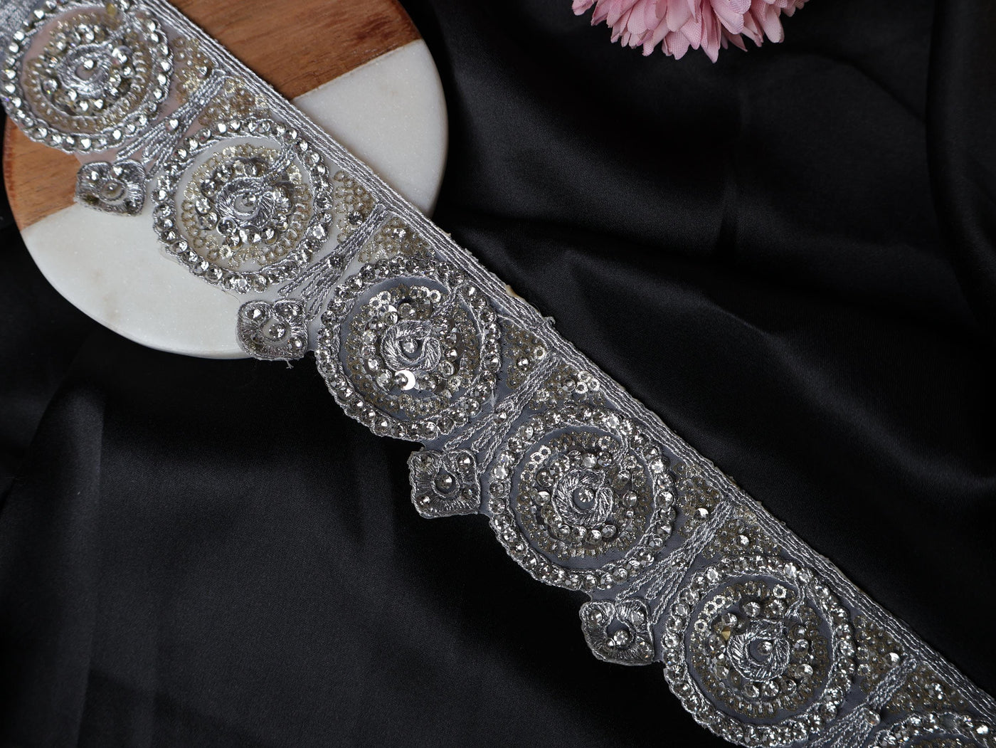 Silver Zircon Sequin Scallop Trim: Indian Zari Sari Border Lace, 5cm