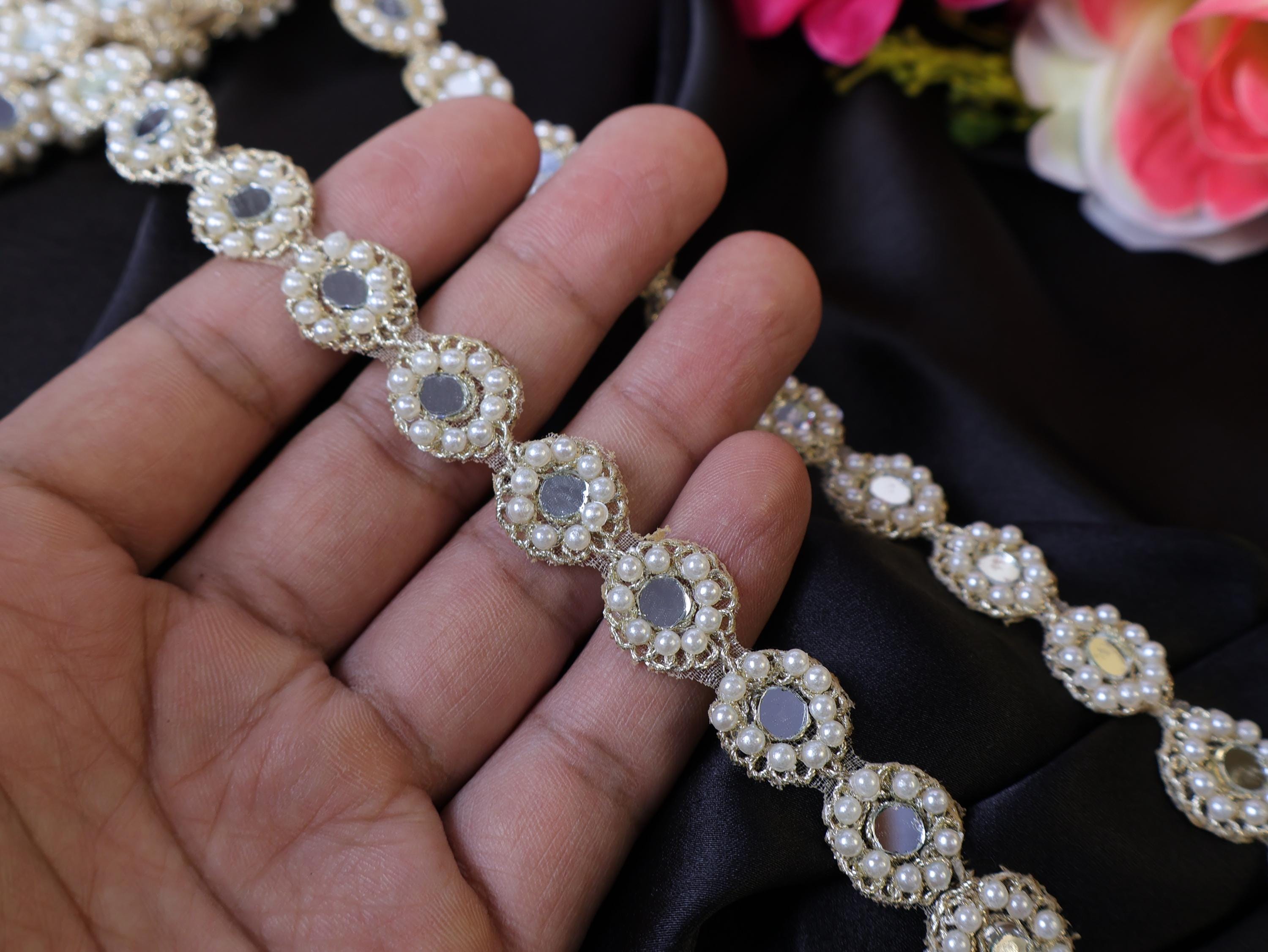 Pearl & Mirror Beaded Lace Trim: Off White Indian Ribbon (1.5cm Wide)