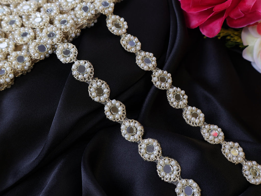Pearl & Mirror Beaded Lace Trim: Off White Indian Ribbon (1.5cm Wide)