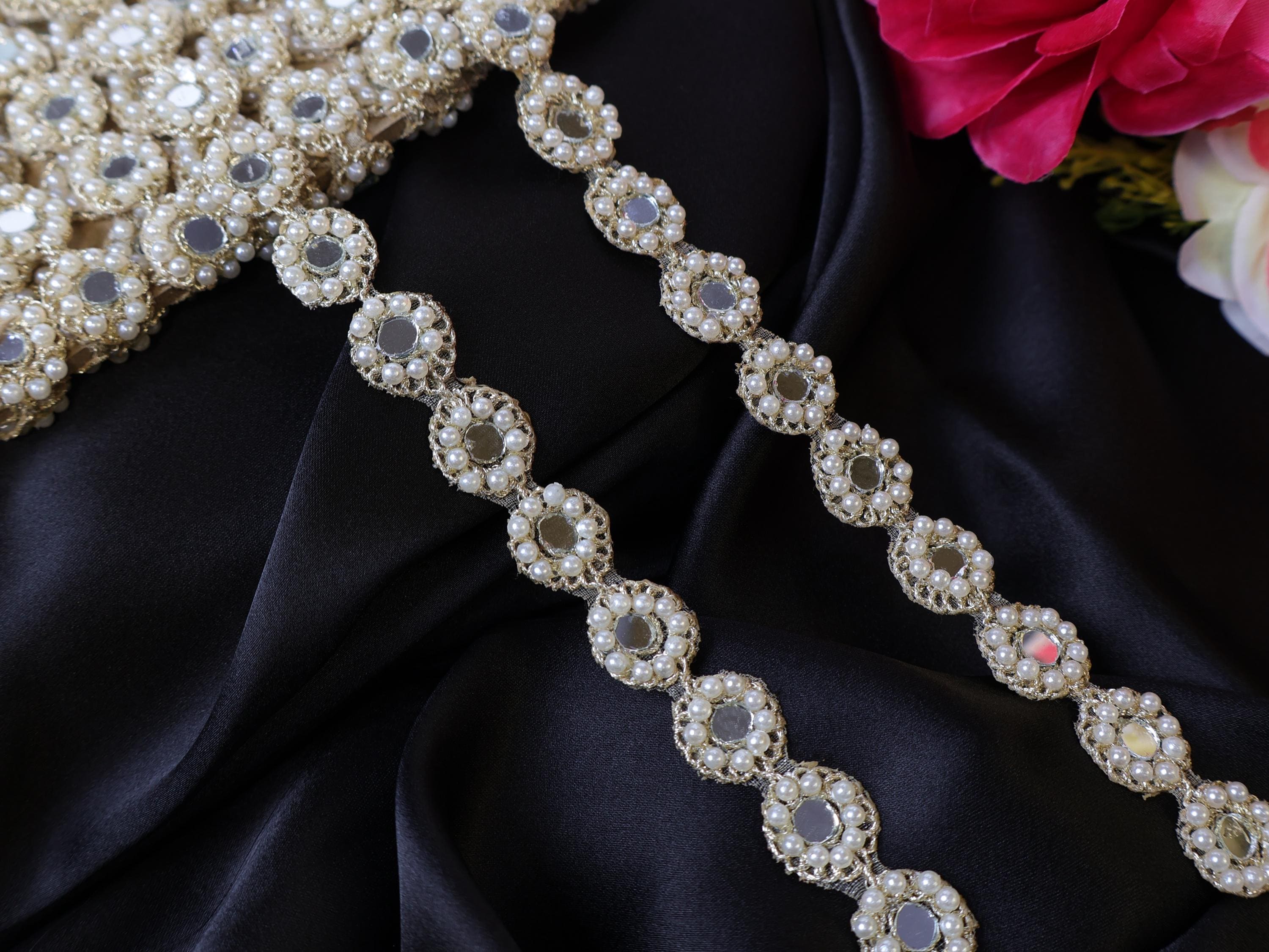 Pearl & Mirror Beaded Lace Trim: Off White Indian Ribbon (1.5cm Wide)