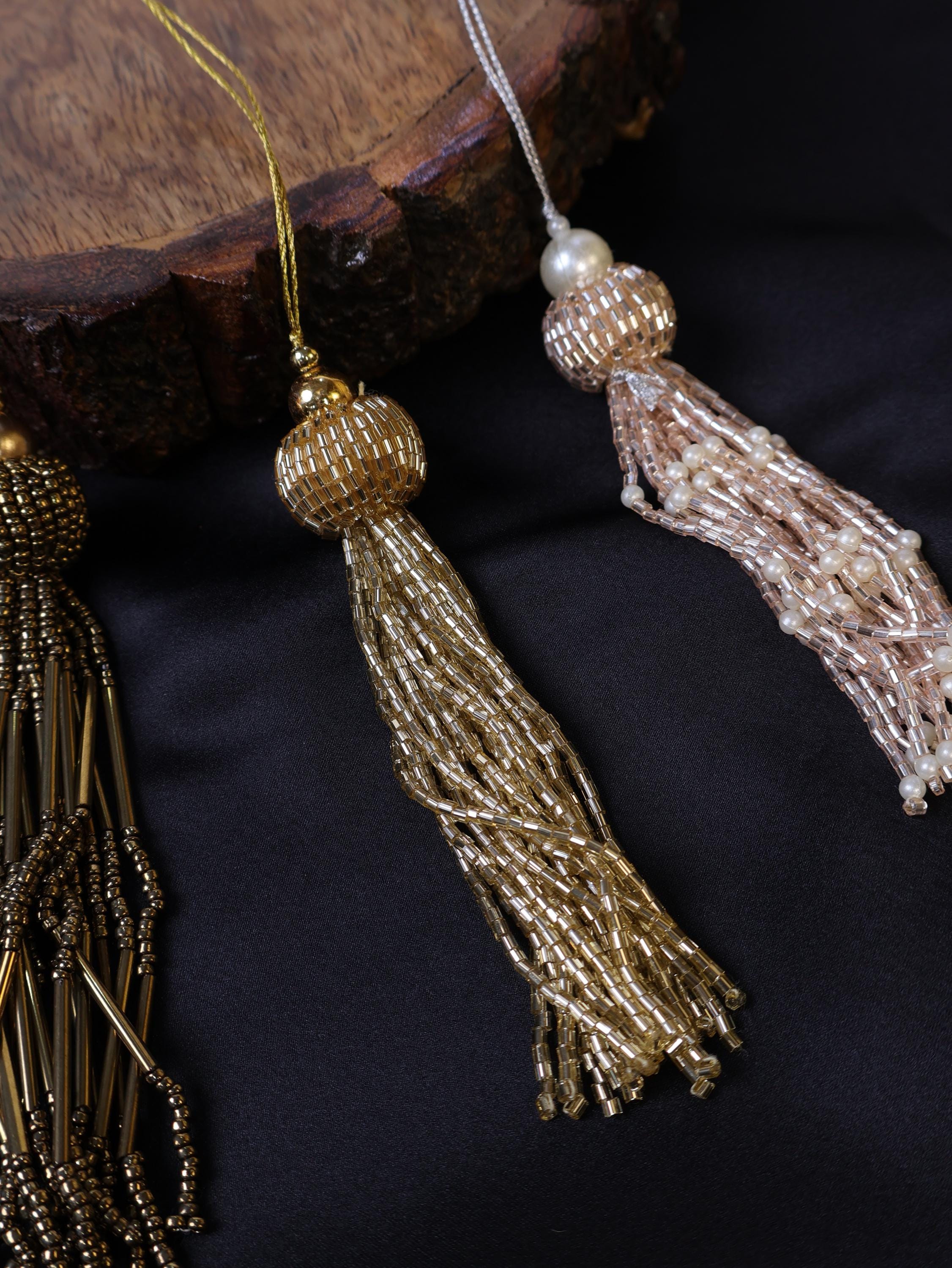 Handmade Beaded Tassels: Gold, Rose Gold, Bronze Embellishments (1 Pair)