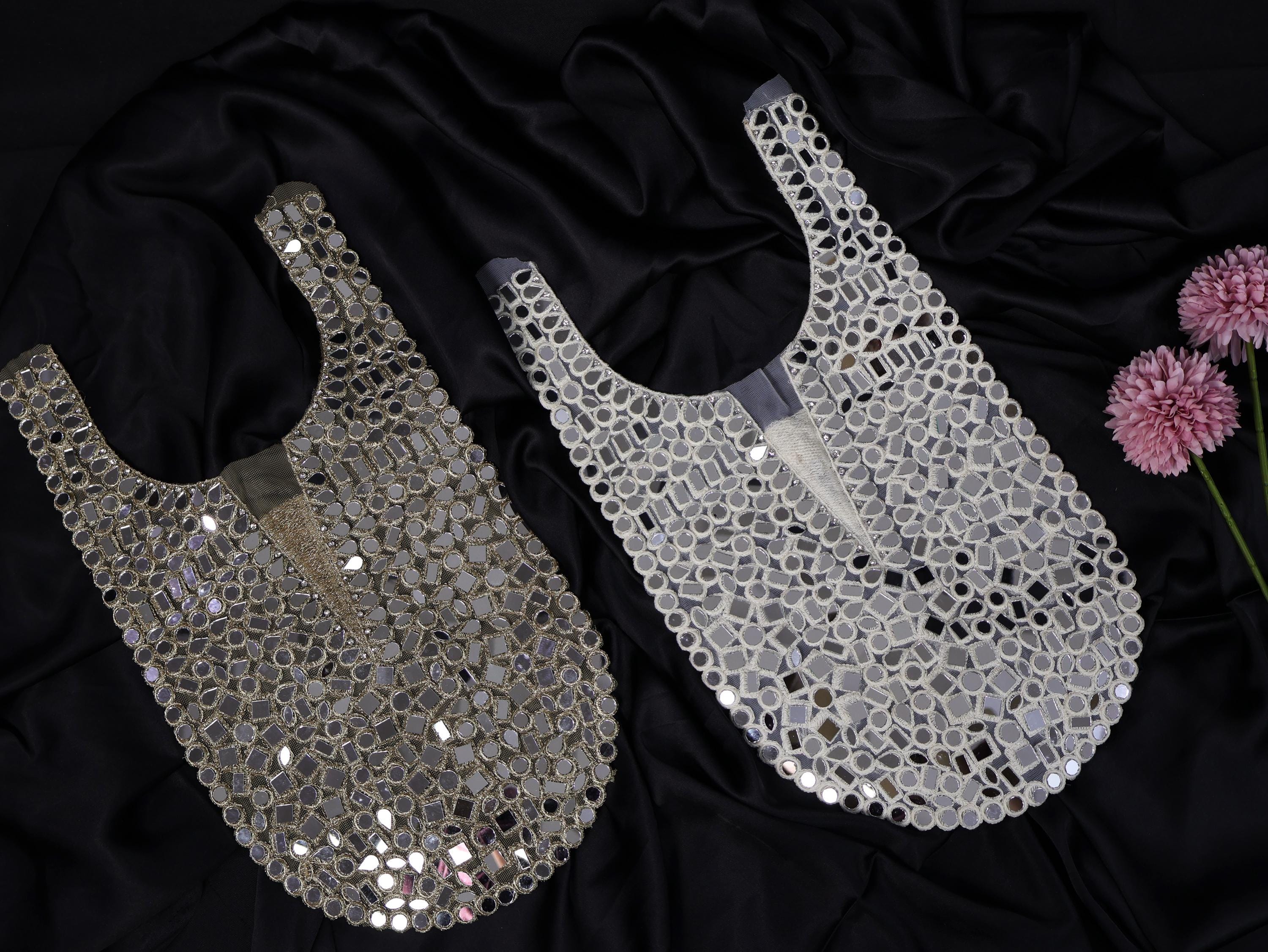 Gold & White Mirror Embroidered Neckline Patch: Zari DIY Garment Applique