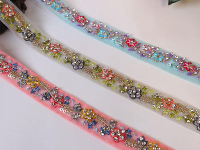 Zircon Studded Indian Lace Trim: Colorful Embroidered Ribbon, 9 Yards