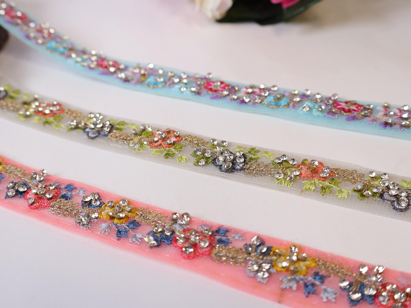 Zircon Studded Indian Lace Trim: Colorful Embroidered Ribbon, 9 Yards