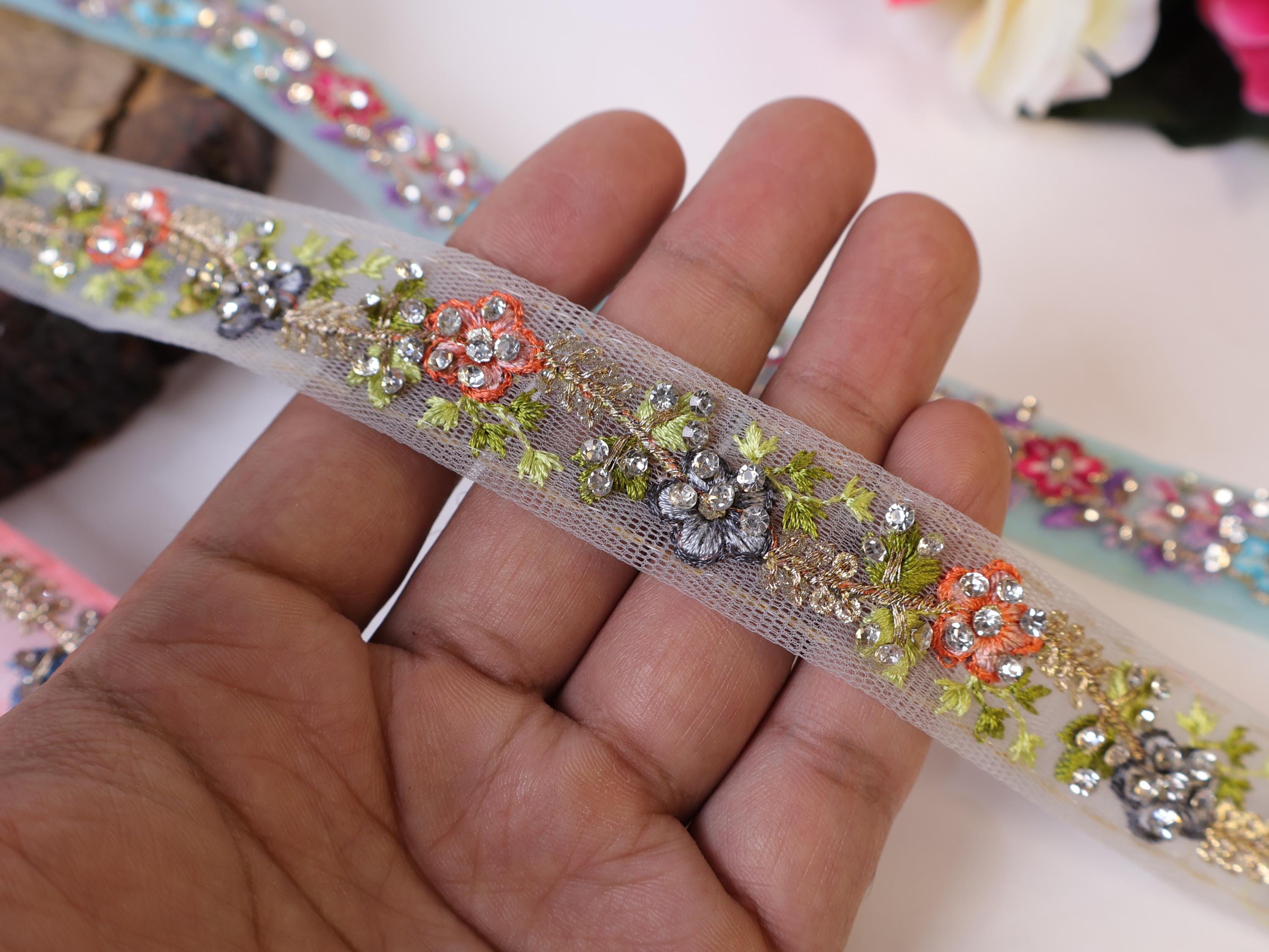 Zircon Studded Indian Lace Trim: Colorful Embroidered Ribbon, 9 Yards