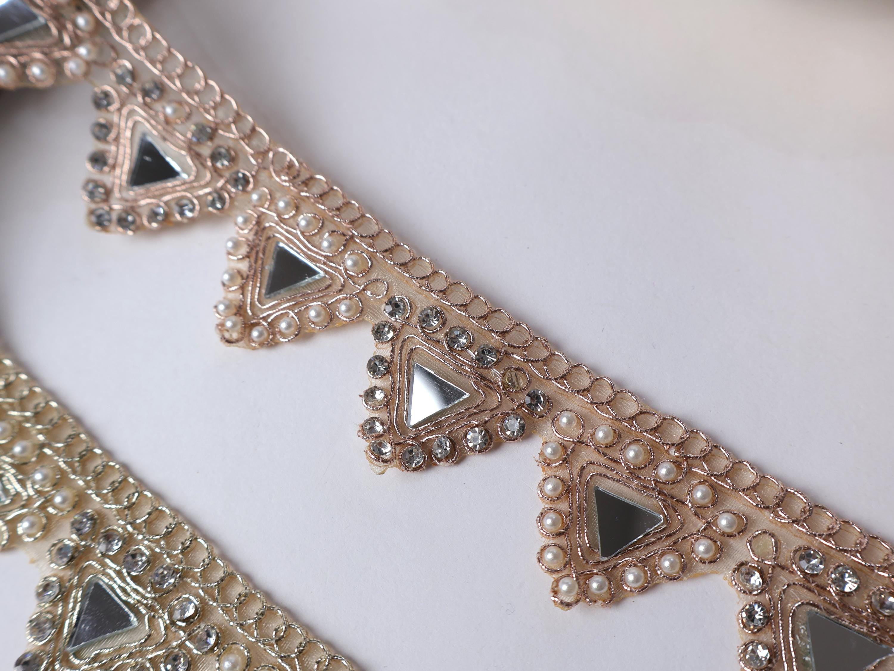Embroidered Pearl Mirror Trim: Gold/Rose Gold Indian Sari Border, 3cm, 3 Yards