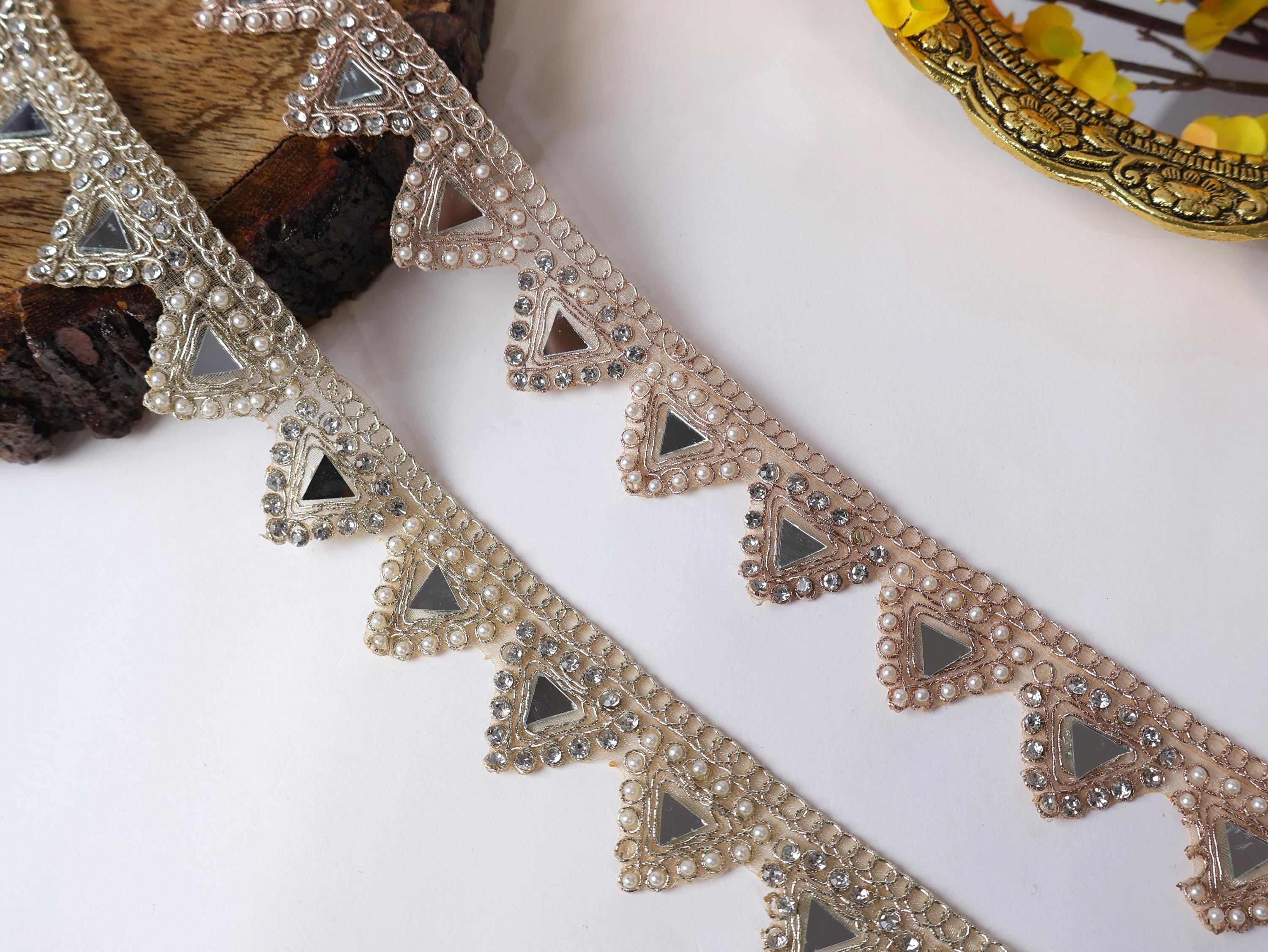 Embroidered Pearl Mirror Trim: Gold/Rose Gold Indian Sari Border, 3cm, 3 Yards