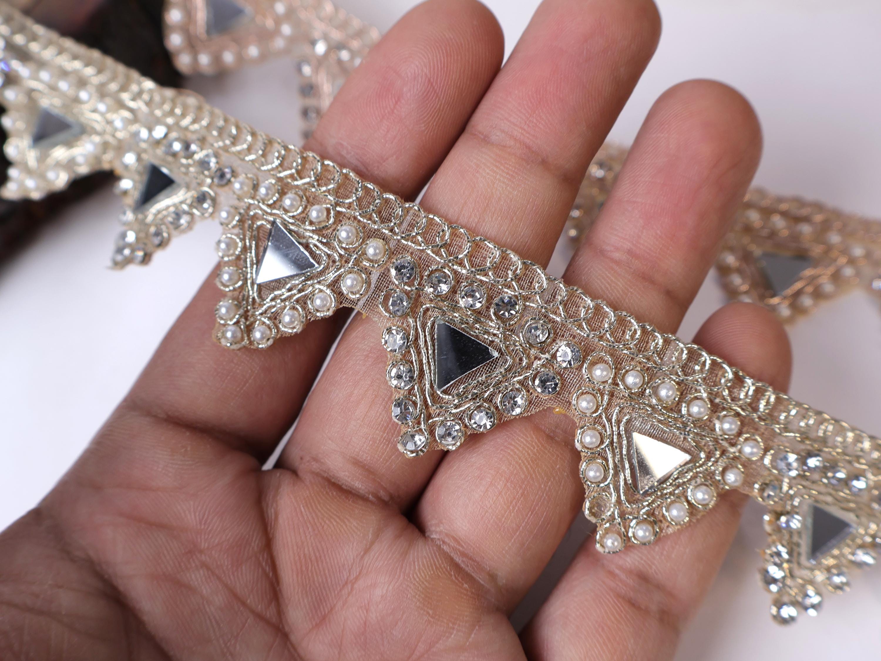 Embroidered Pearl Mirror Trim: Gold/Rose Gold Indian Sari Border, 3cm, 3 Yards