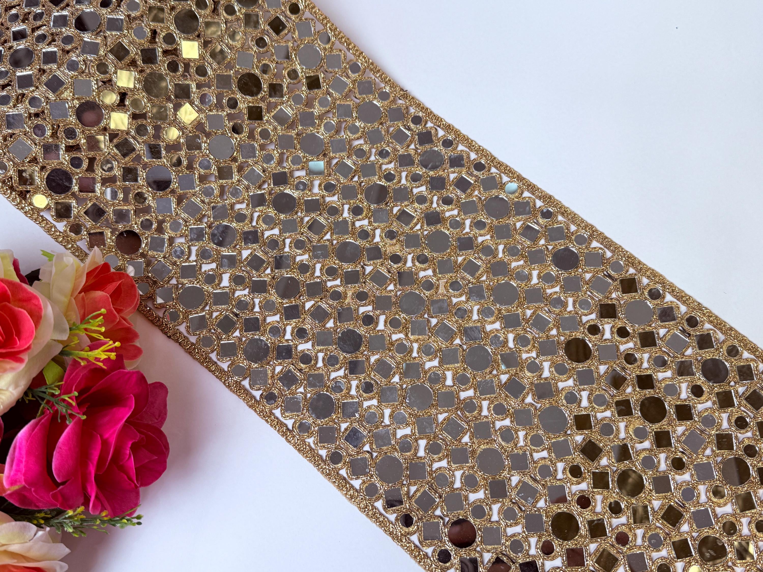 Gold Mirrorwork Lace Border: Cutwork Glass Embellishments, 20cm Wide