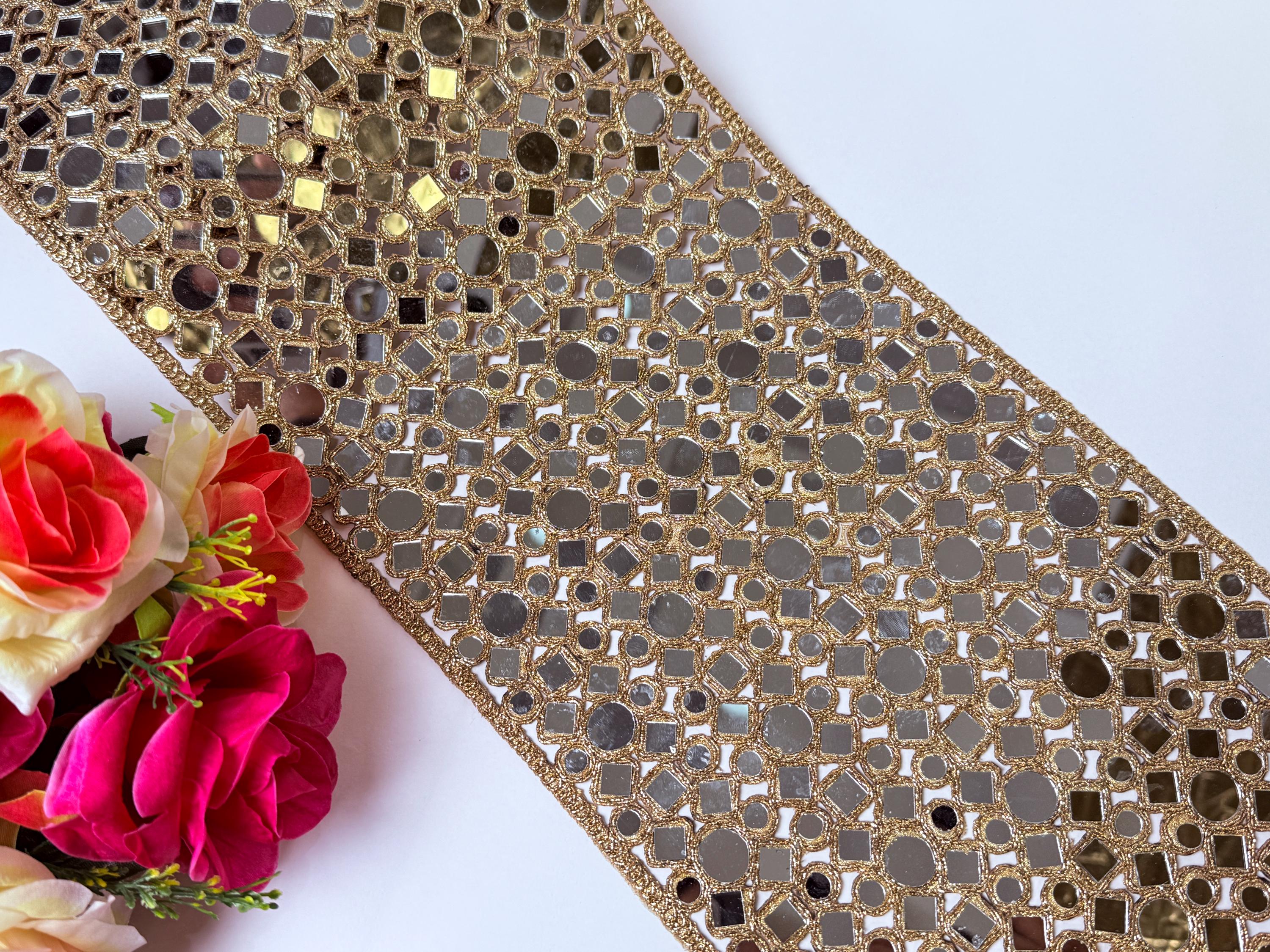 Gold Mirrorwork Lace Border: Cutwork Glass Embellishments, 20cm Wide