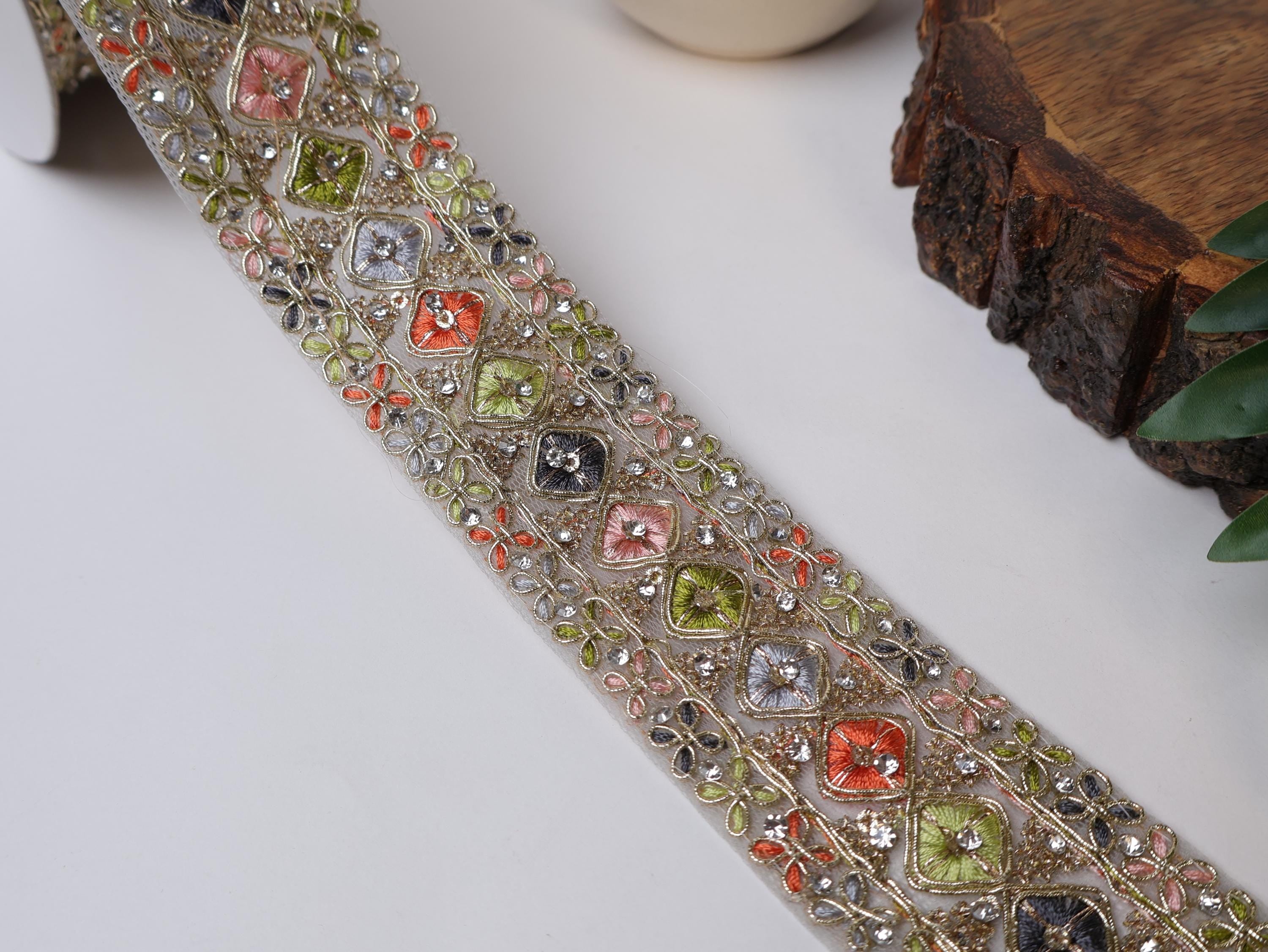 Tropical Zircon Zari Trim: Embroidered Indian Sari Border Lace (9 Yards)