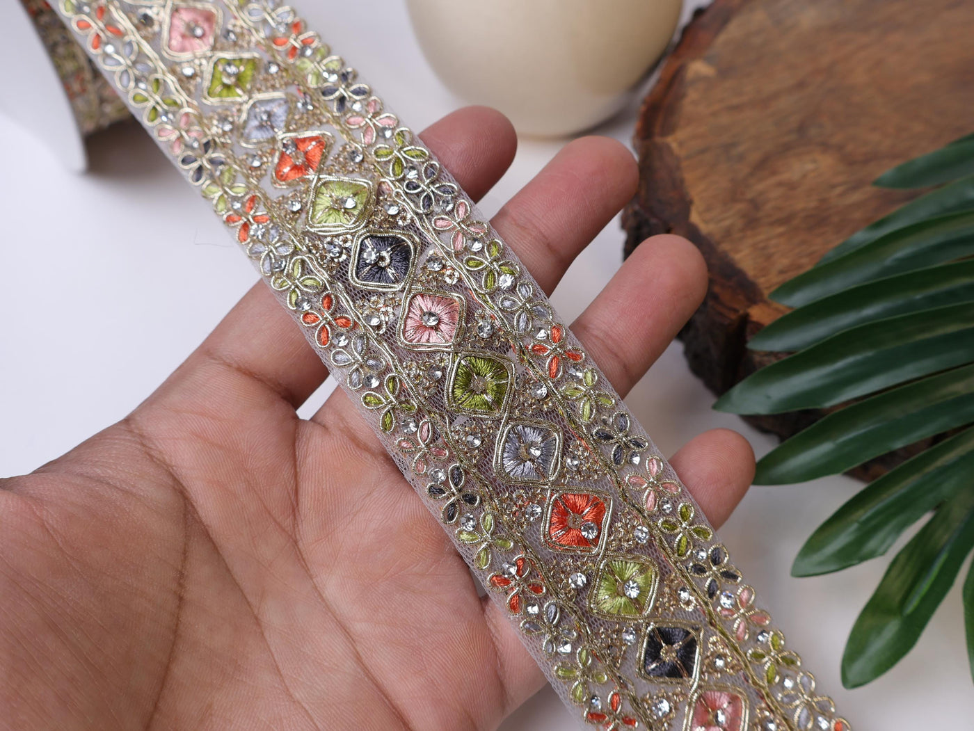 Tropical Zircon Zari Trim: Embroidered Indian Sari Border Lace (9 Yards)