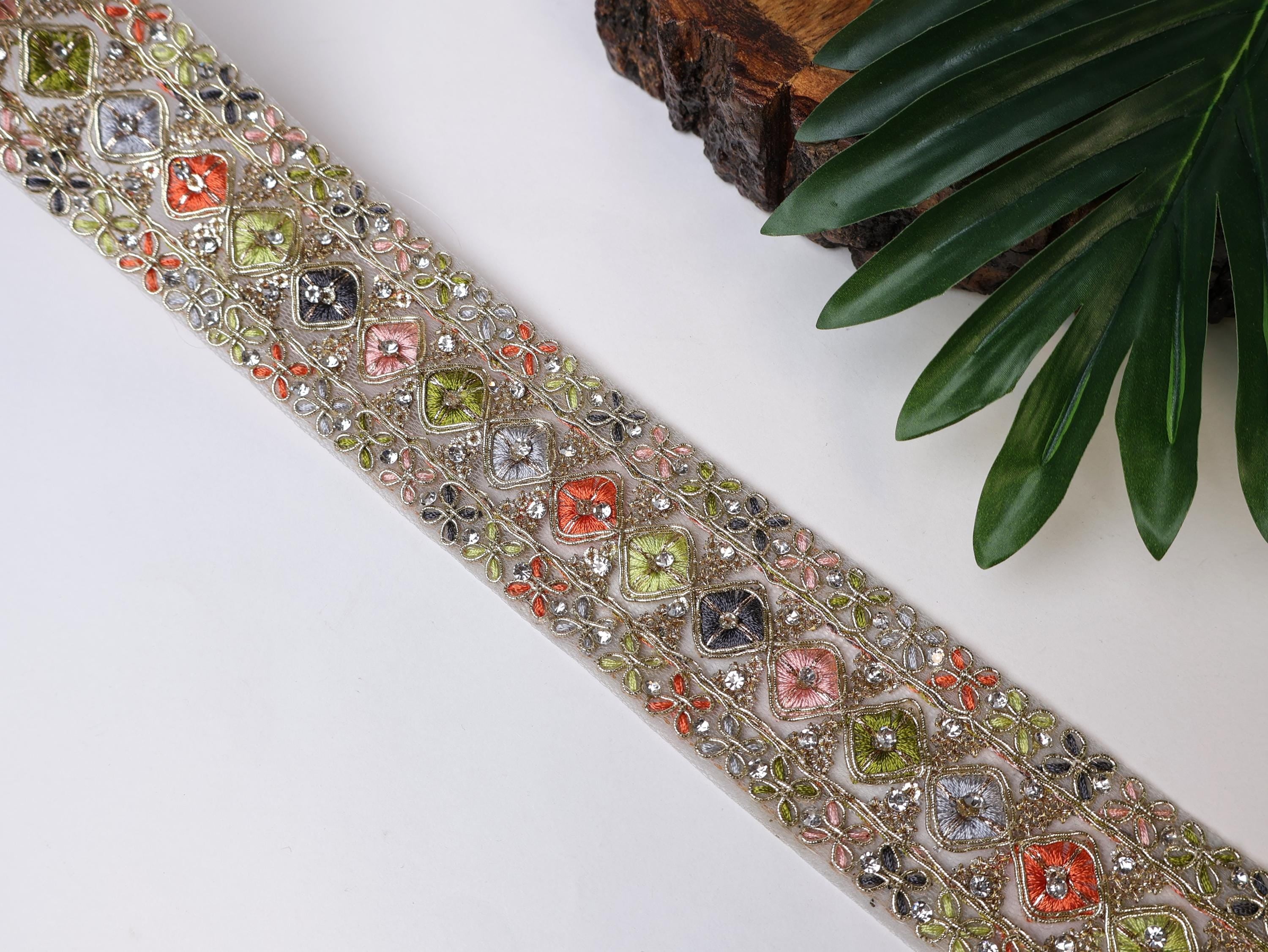 Tropical Zircon Zari Trim: Embroidered Indian Sari Border Lace (9 Yards)