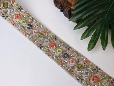 Tropical Zircon Zari Trim: Embroidered Indian Sari Border Lace (9 Yards)