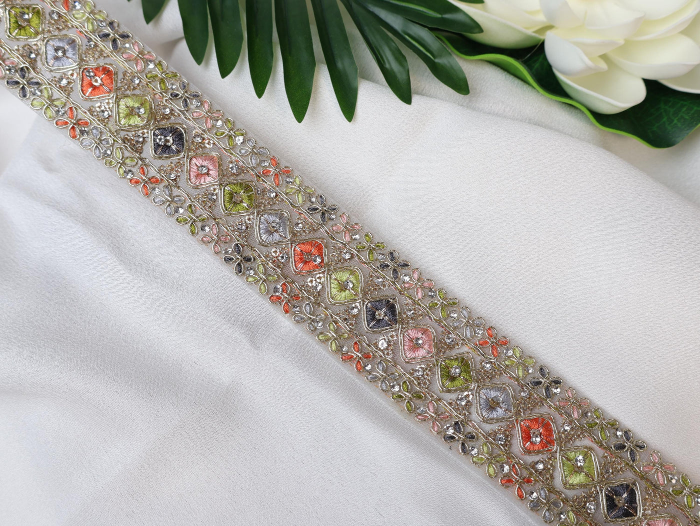 Tropical Zircon Zari Trim: Embroidered Indian Sari Border Lace (9 Yards)