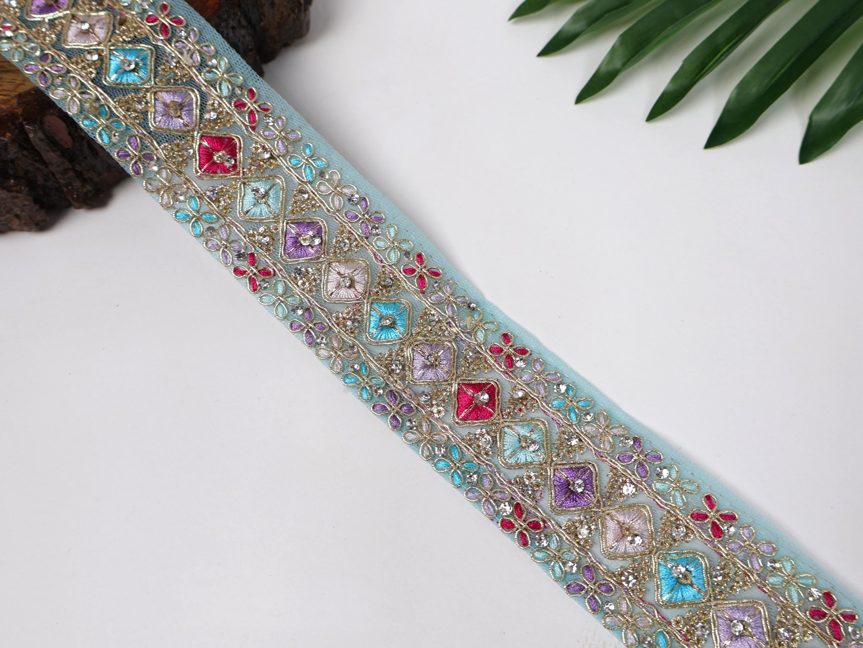 Zircon Embroidered Indian Zari Trim: Pink & Blue Sari Lace (9 Yards)