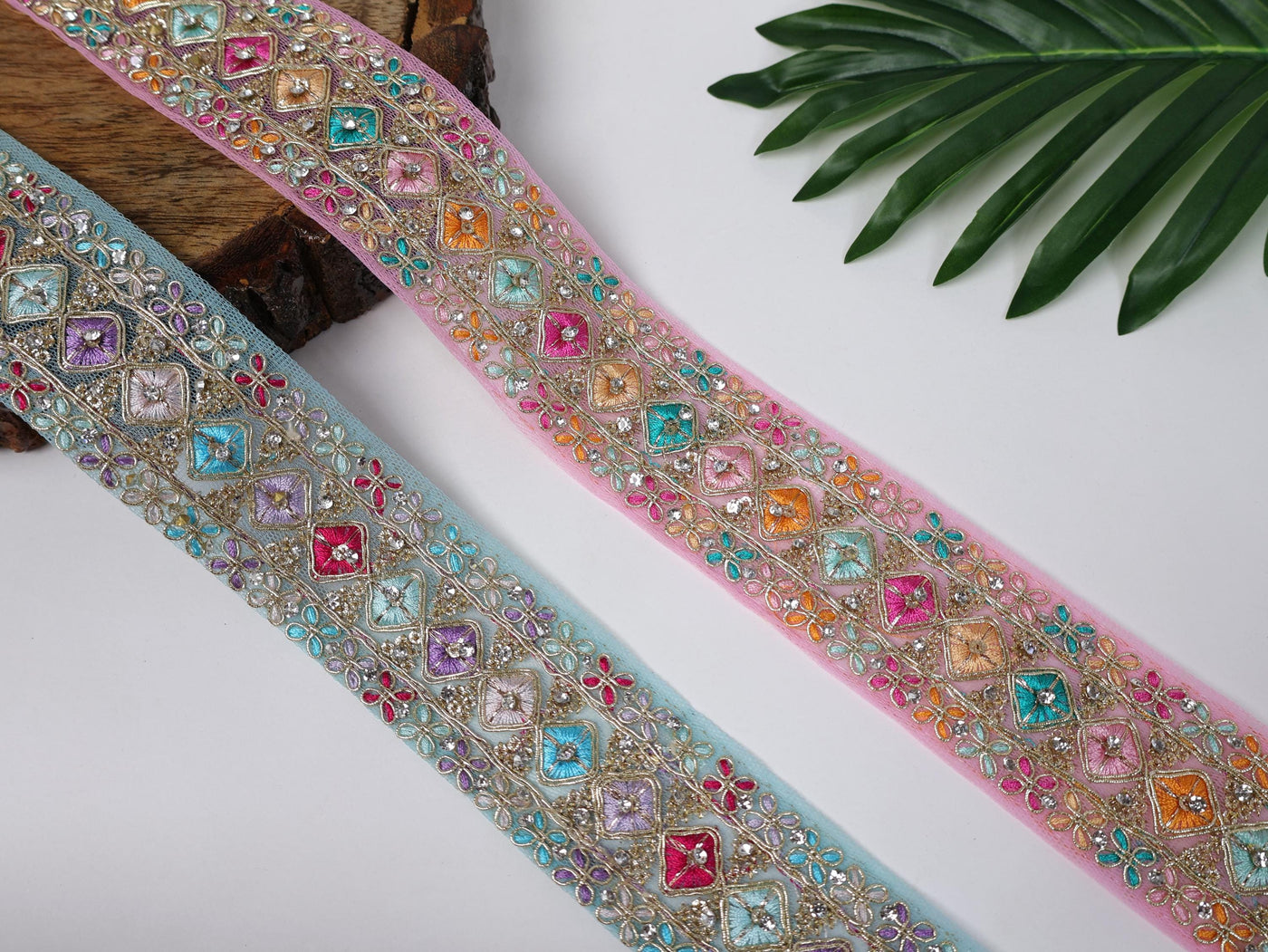 Zircon Embroidered Indian Zari Trim: Pink & Blue Sari Lace (9 Yards)