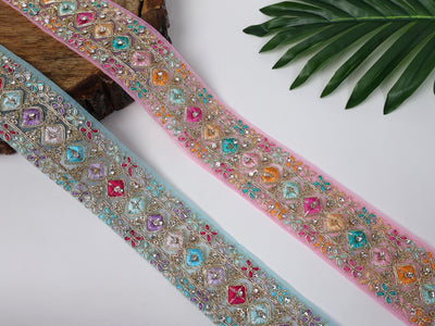 Zircon Embroidered Indian Zari Trim: Pink & Blue Sari Lace (9 Yards)