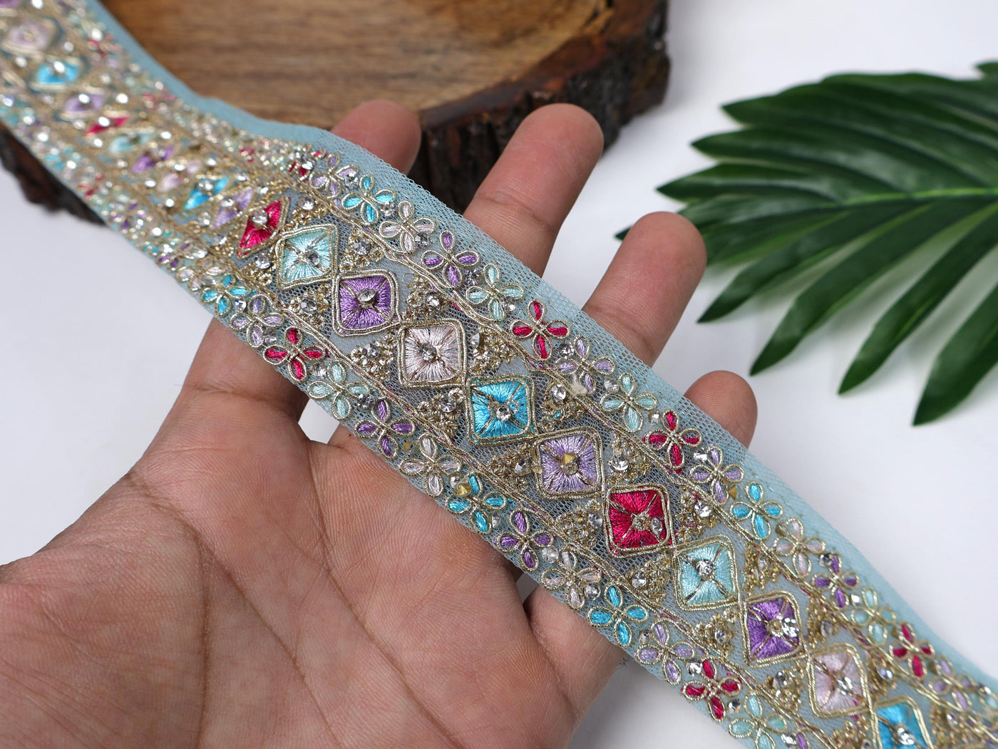 Zircon Embroidered Indian Zari Trim: Pink & Blue Sari Lace (9 Yards)