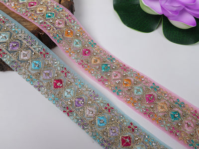 Zircon Embroidered Indian Zari Trim: Pink & Blue Sari Lace (9 Yards)