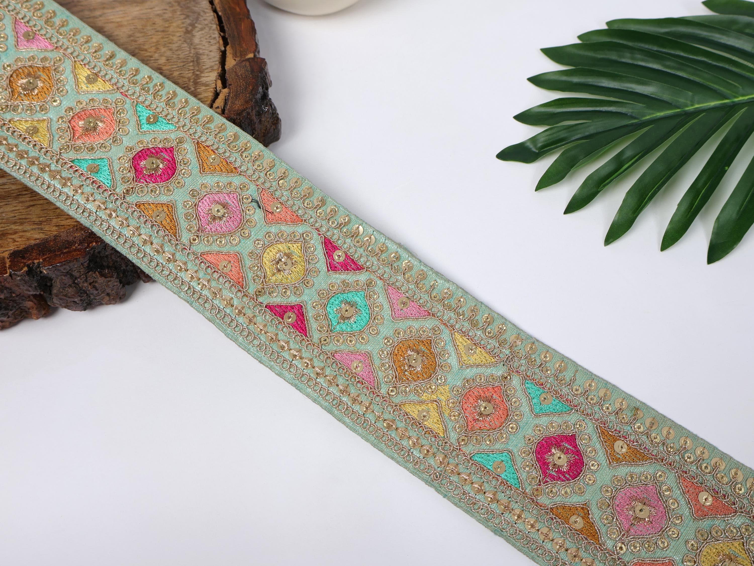 Pista Green Embroidered Sequin Sari Border Lace - 9 Yards