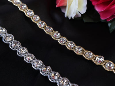 Zircon Crystal Indian Lace Trim: Gold or Silver, 1cm Wide