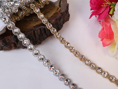 Zircon Crystal Indian Lace Trim: Gold or Silver, 1cm Wide