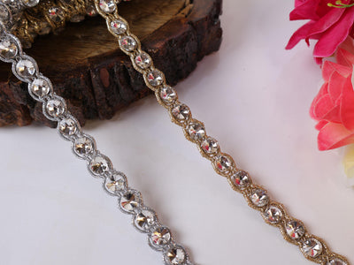 Zircon Crystal Indian Lace Trim: Gold or Silver, 1cm Wide
