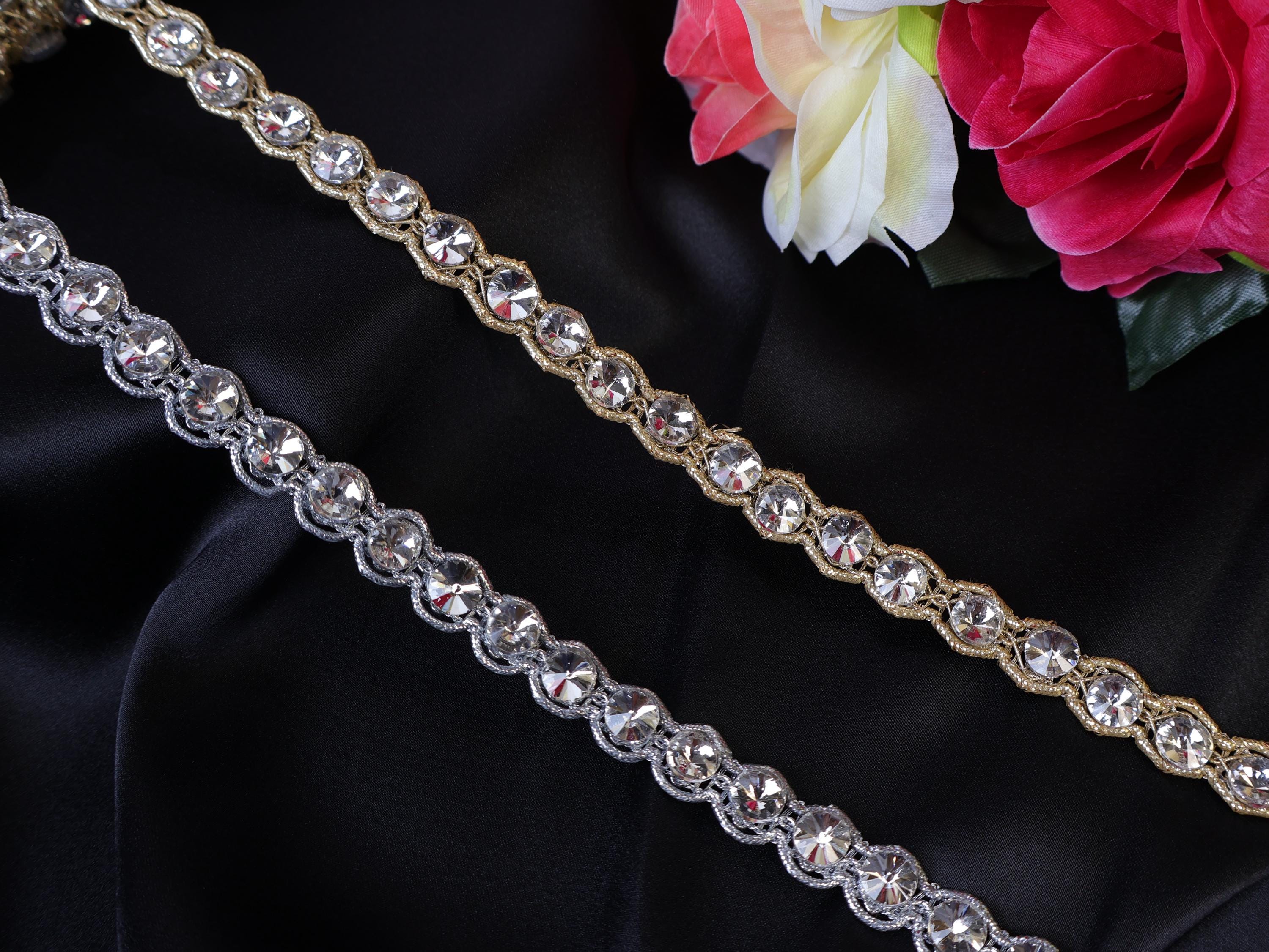 Zircon Crystal Indian Lace Trim: Gold or Silver, 1cm Wide