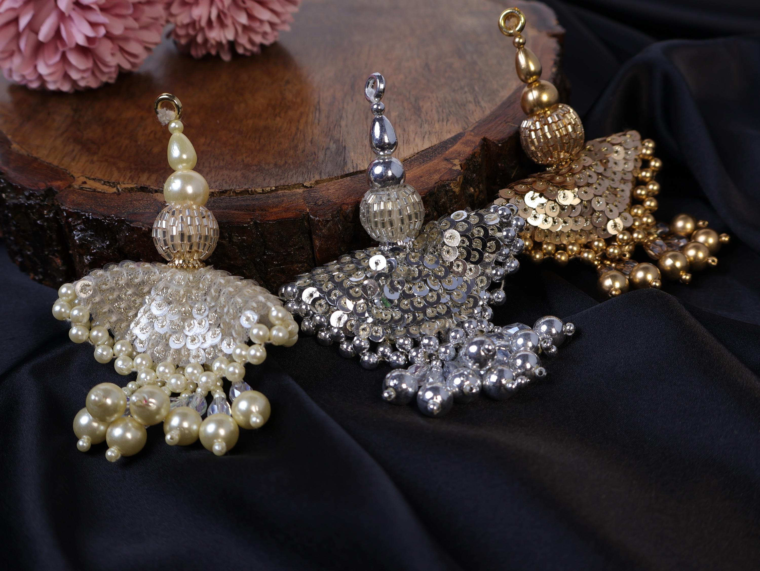 Beaded Pearl & Crystal Tassels: Sequin Lehenga Latkan Tiebacks (Pair)