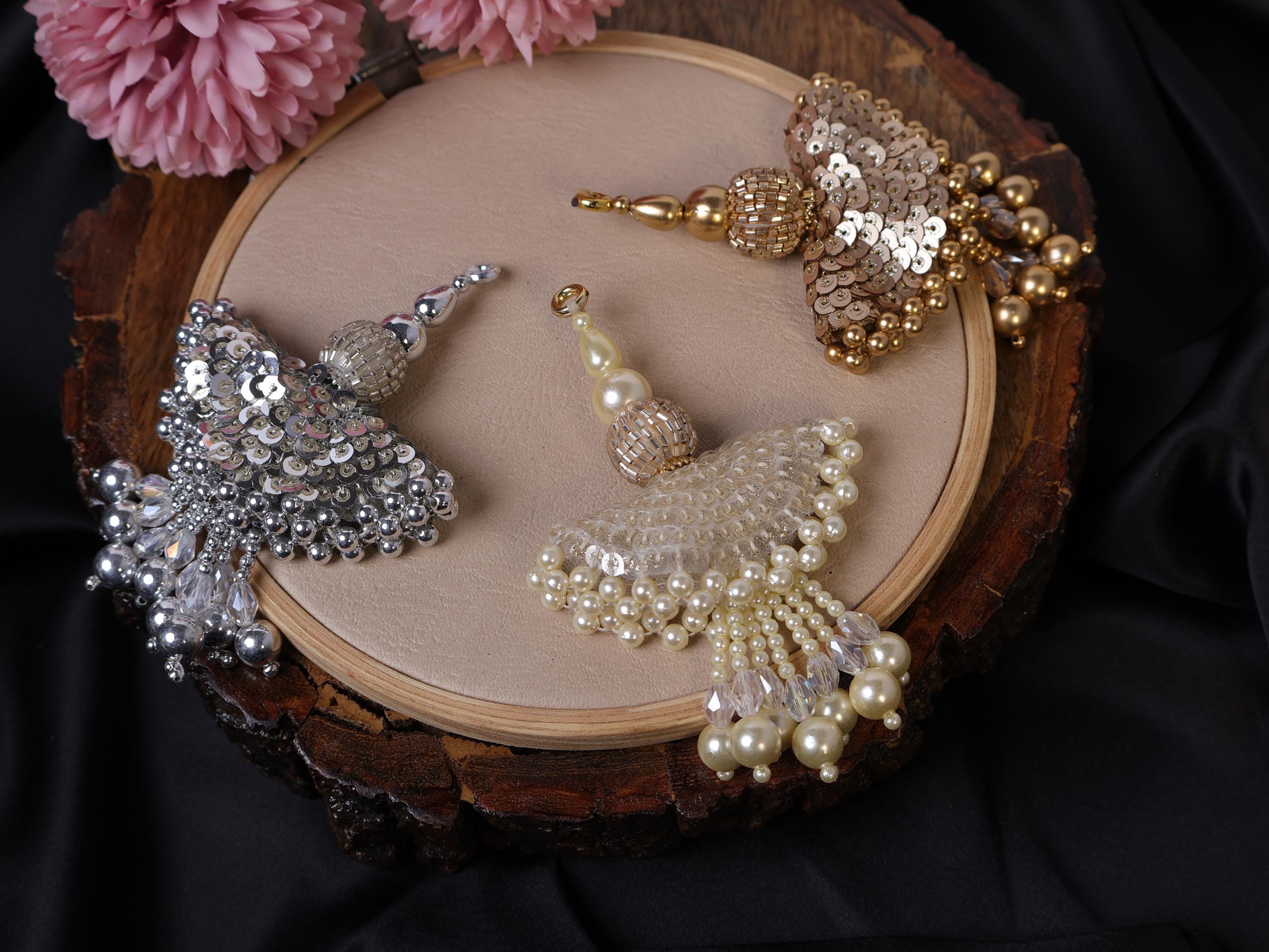 Beaded Pearl & Crystal Tassels: Sequin Lehenga Latkan Tiebacks (Pair)