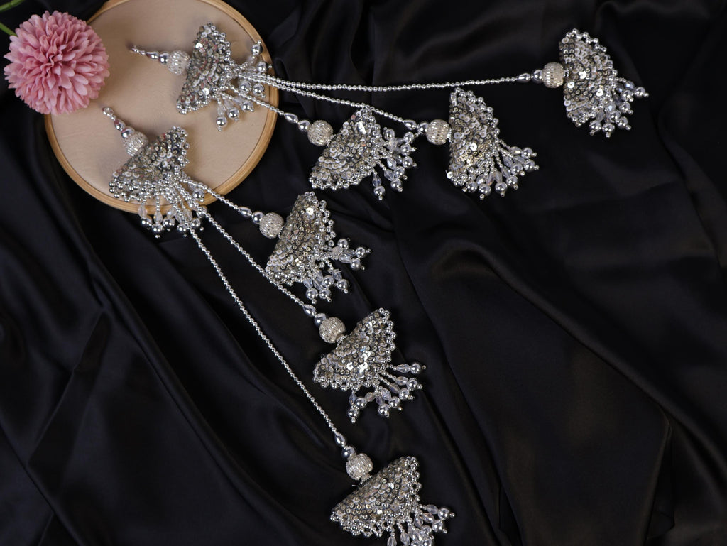 Antique Silver Lehenga Tassels: Beaded Pearl & Crystal Fringe Latkan Pair