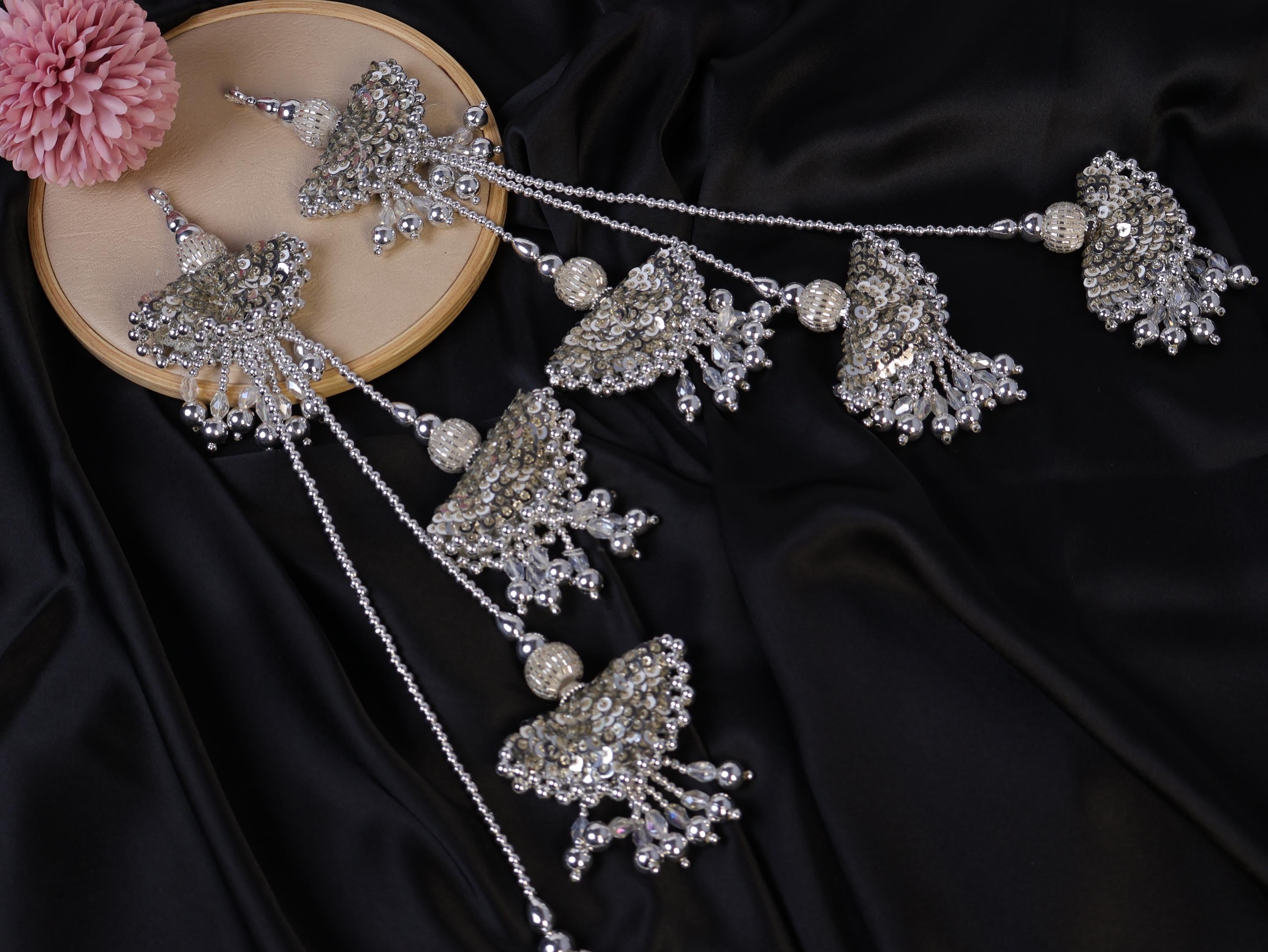 Antique Silver Lehenga Tassels: Beaded Pearl & Crystal Fringe Latkan Pair