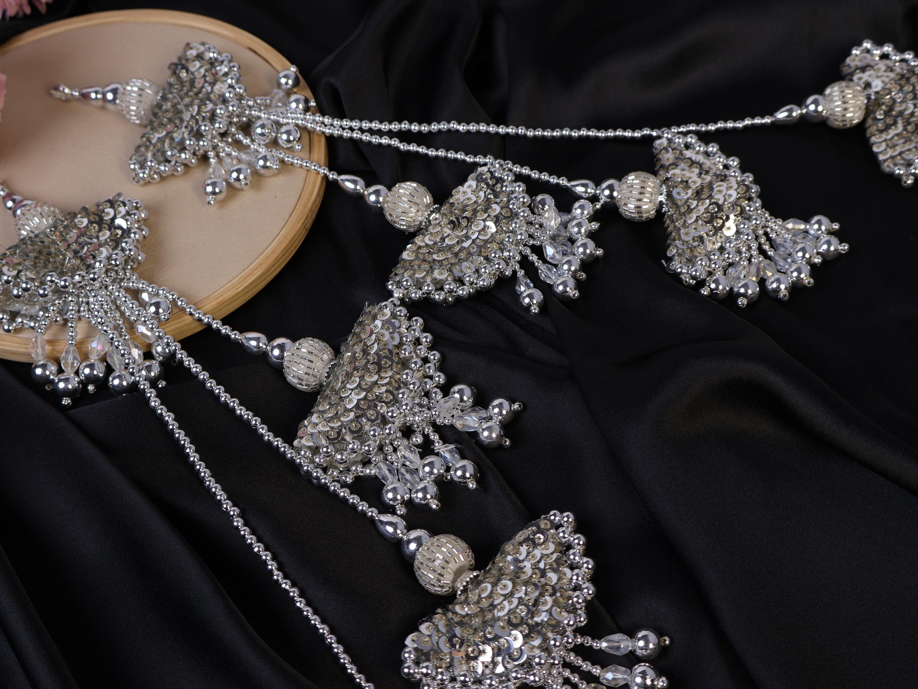 Antique Silver Lehenga Tassels: Beaded Pearl & Crystal Fringe Latkan Pair