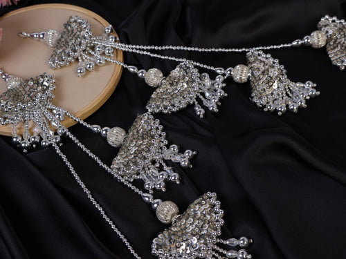 Antique Silver Lehenga Tassels: Beaded Pearl & Crystal Fringe Latkan Pair