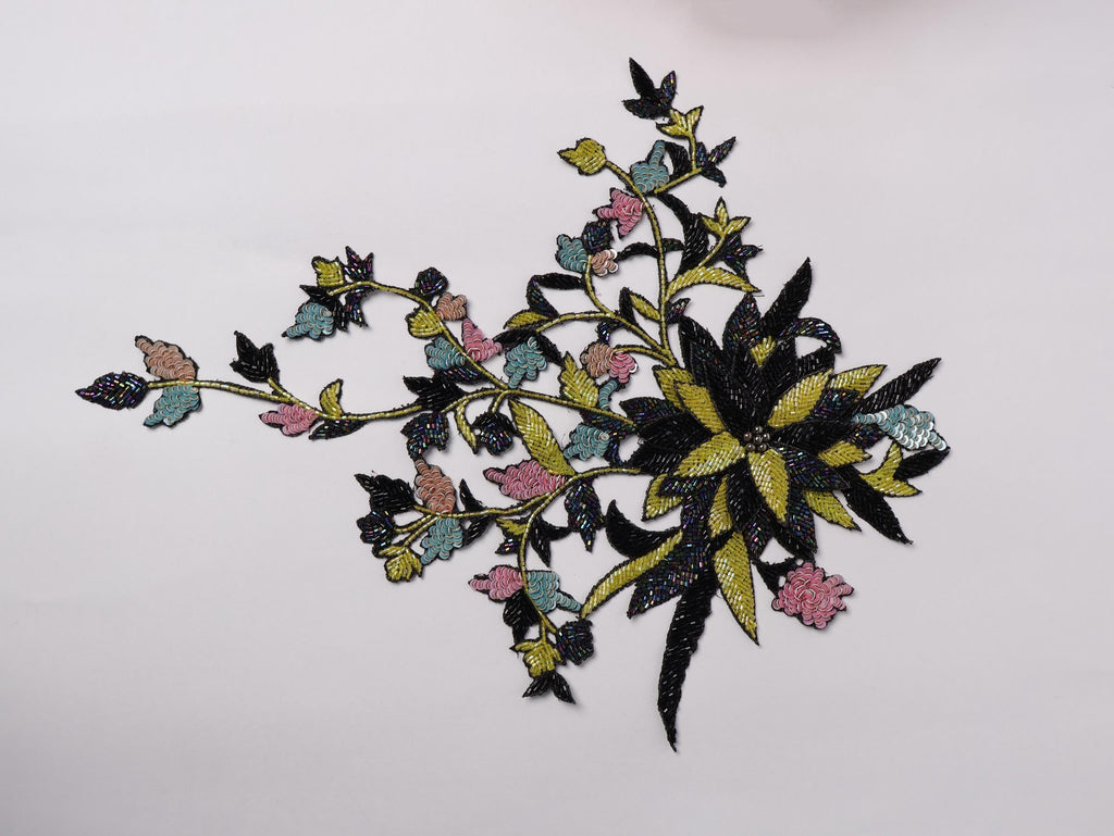 Hand Embroidered Floral Applique Patch: Indian Golden Multicolor Sew-On (27 x 24 cm)