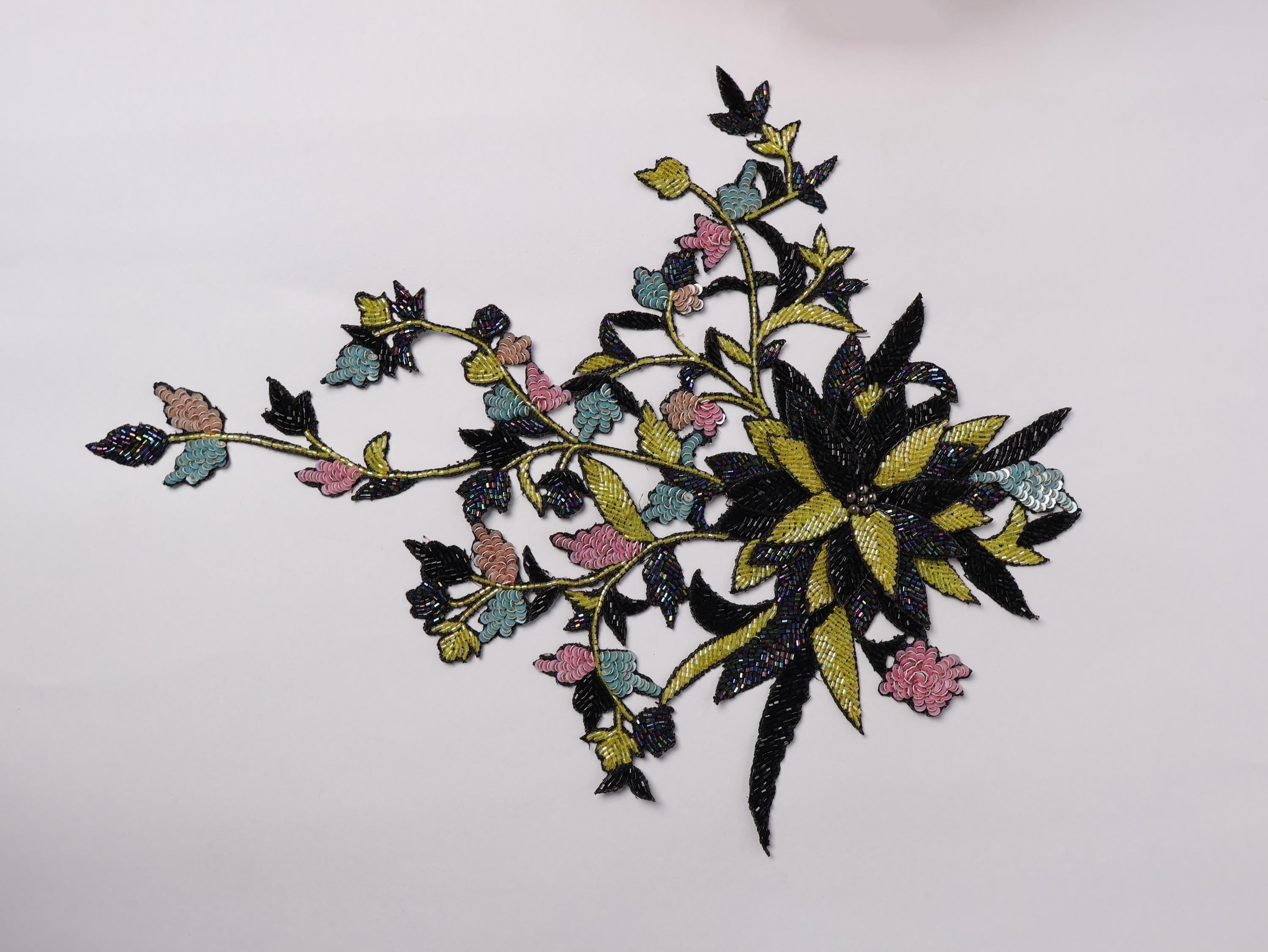 Hand Embroidered Floral Applique Patch: Indian Golden Multicolor Sew-On (27 x 24 cm)