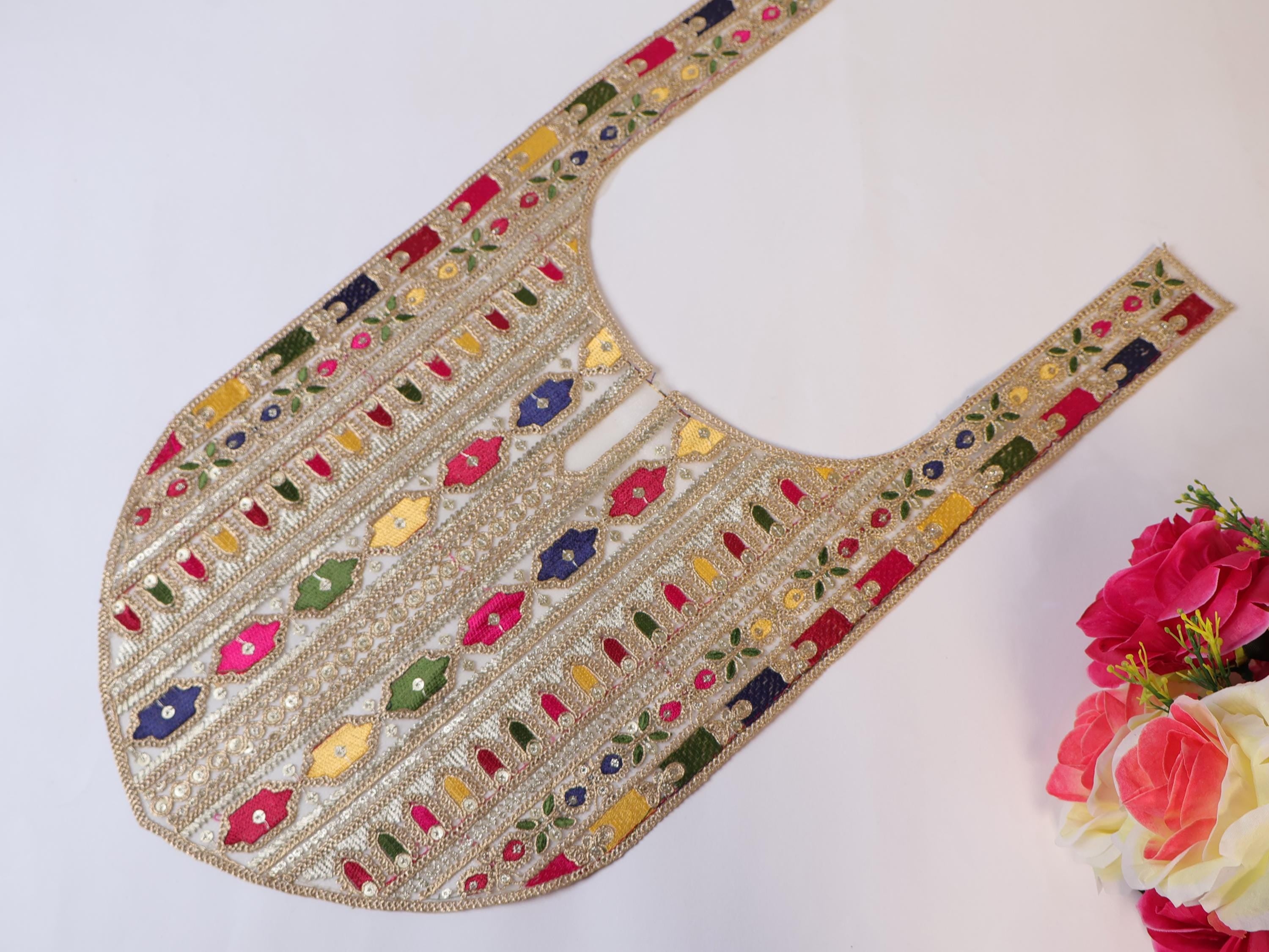 Embroidered Neckline Patch: Multi Color Zari Sequin Indian Applique
