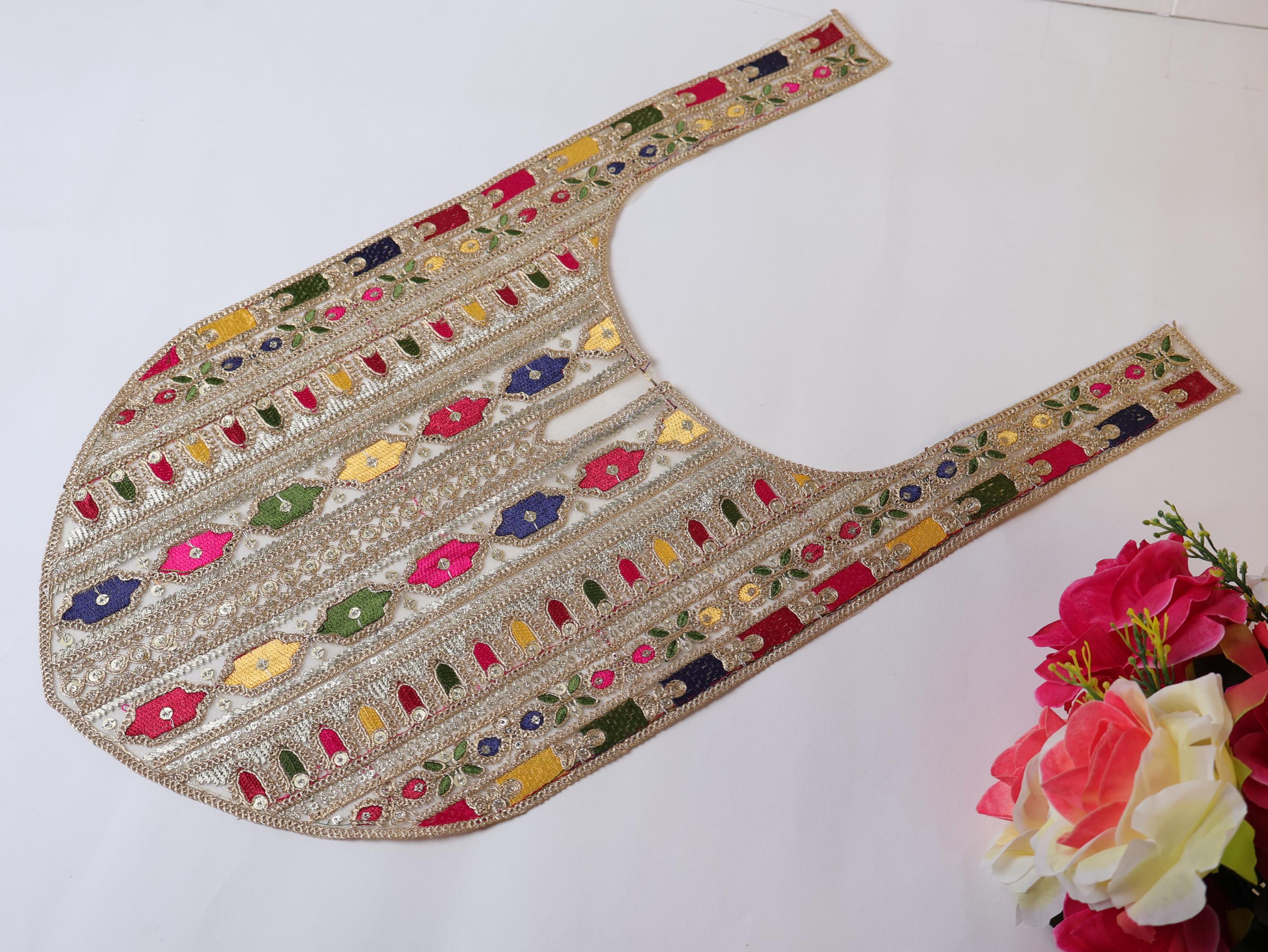 Embroidered Neckline Patch: Multi Color Zari Sequin Indian Applique