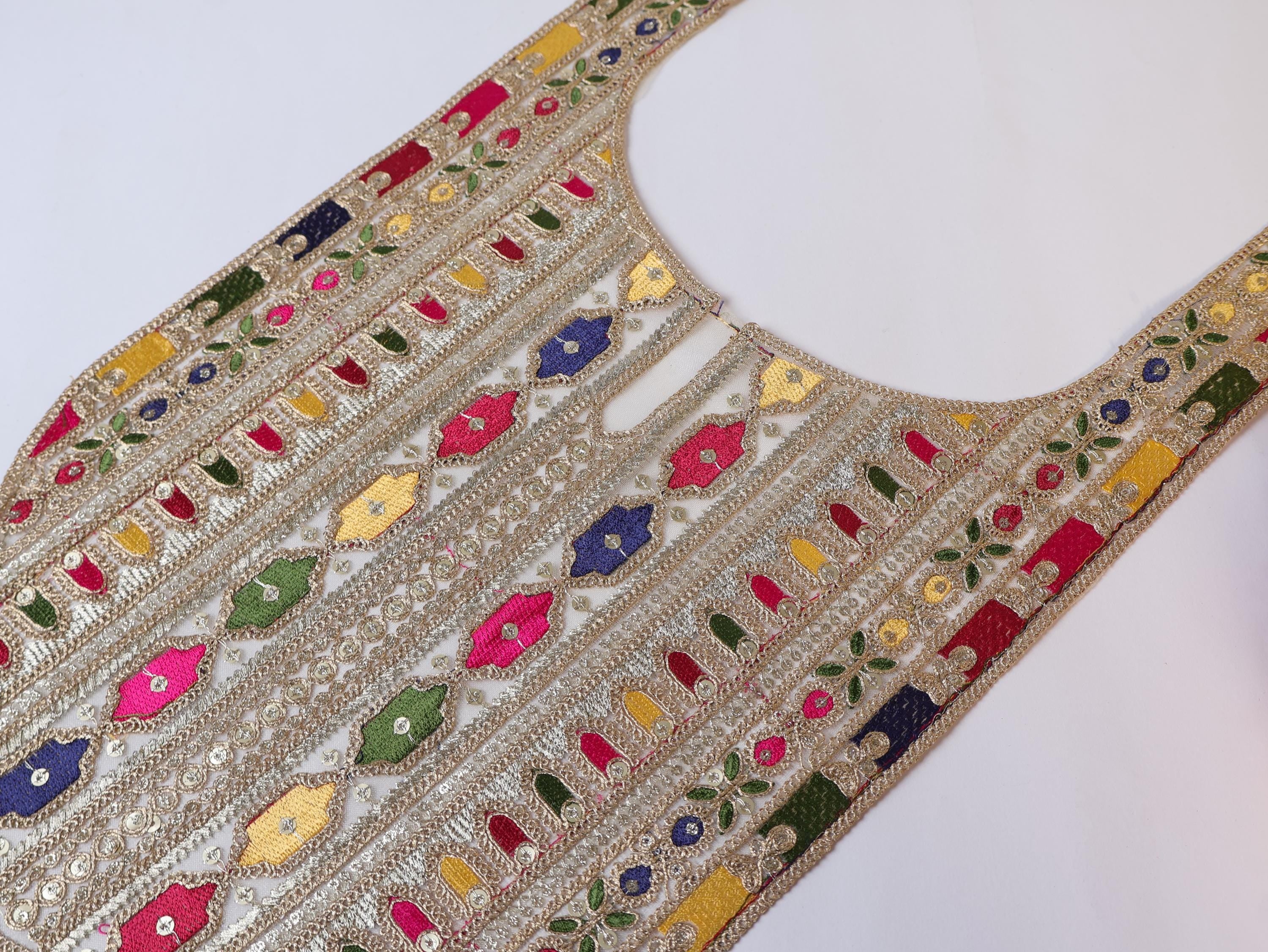 Embroidered Neckline Patch: Multi Color Zari Sequin Indian Applique